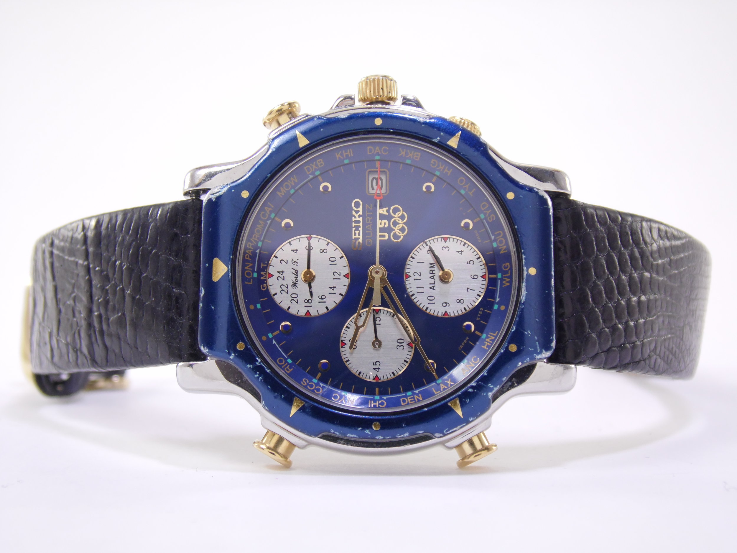 Ultra Rare Mens Seiko USA Olympic Blue Silver Gold Chronograph World Time Alarm Date Quartz Watch 5T52B