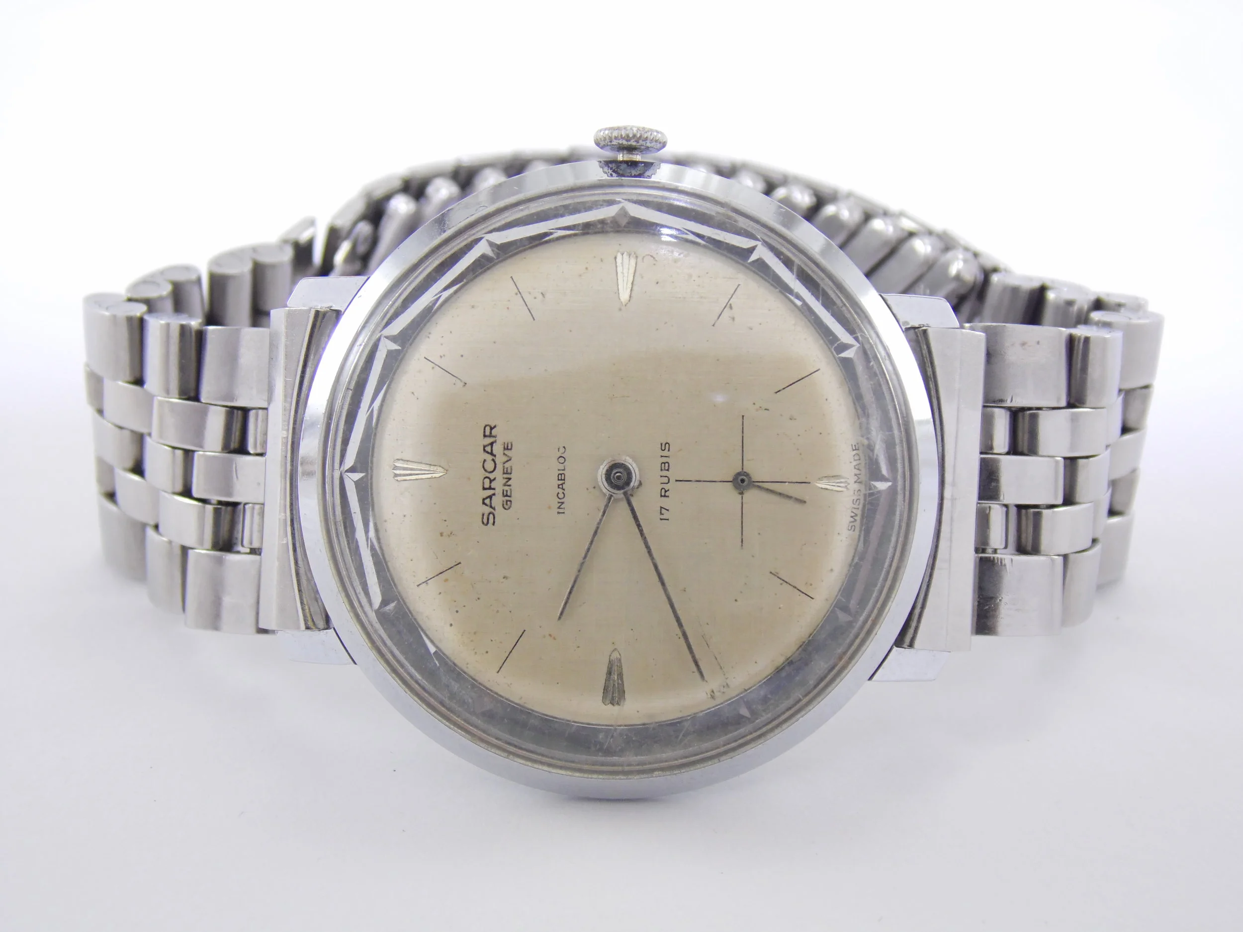 Rare Vintage Sarcar Geneve 17 Rubis Jewels Mechanical Windup Mens Stainless Steel Sub Second Dial Thin Profile Swiss Watch Peseux 320