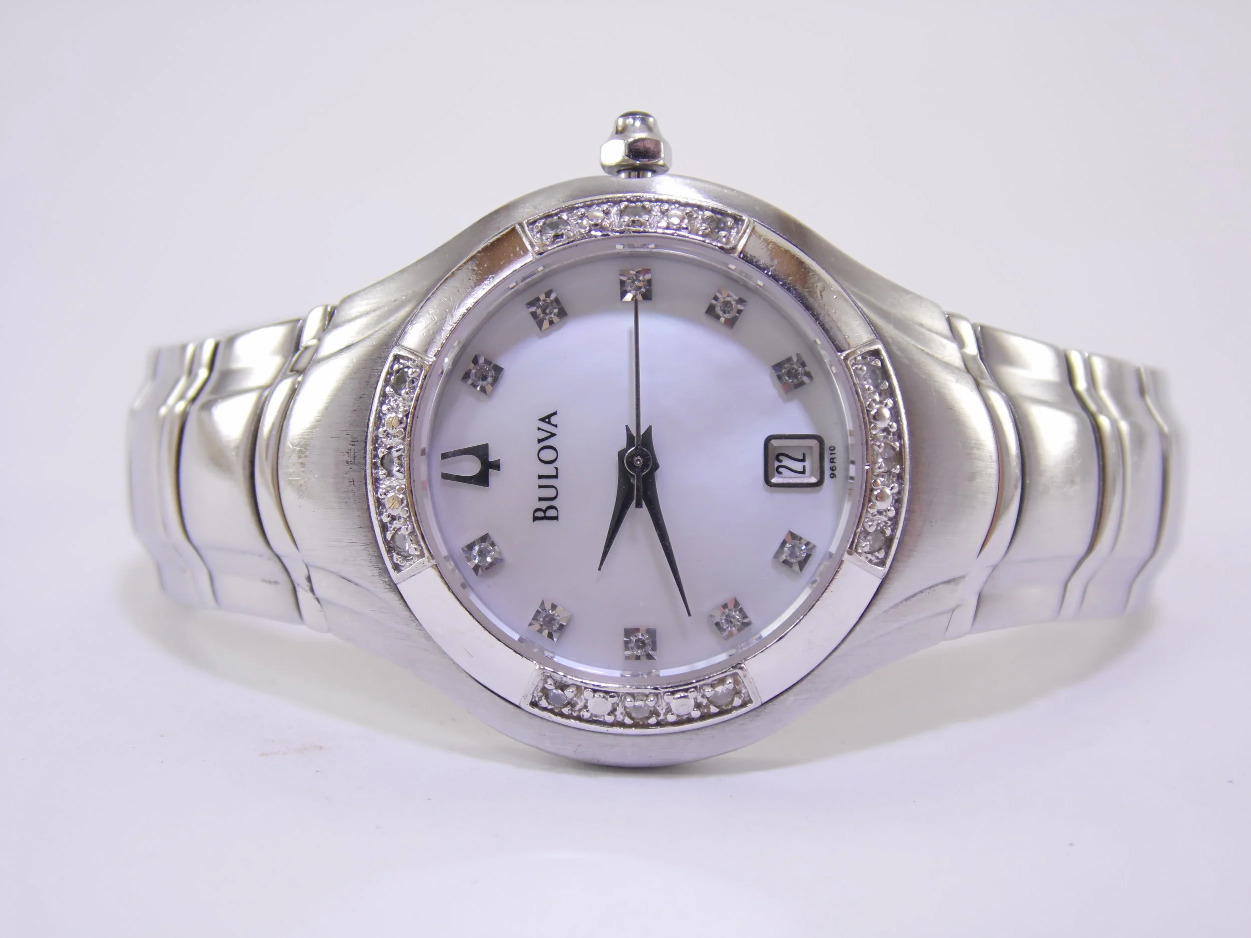 Women's Authentic Genuine Diamond Bulova 96R10 Stainless Steel Mother of Pearl Watch Timepiece MSRP $425