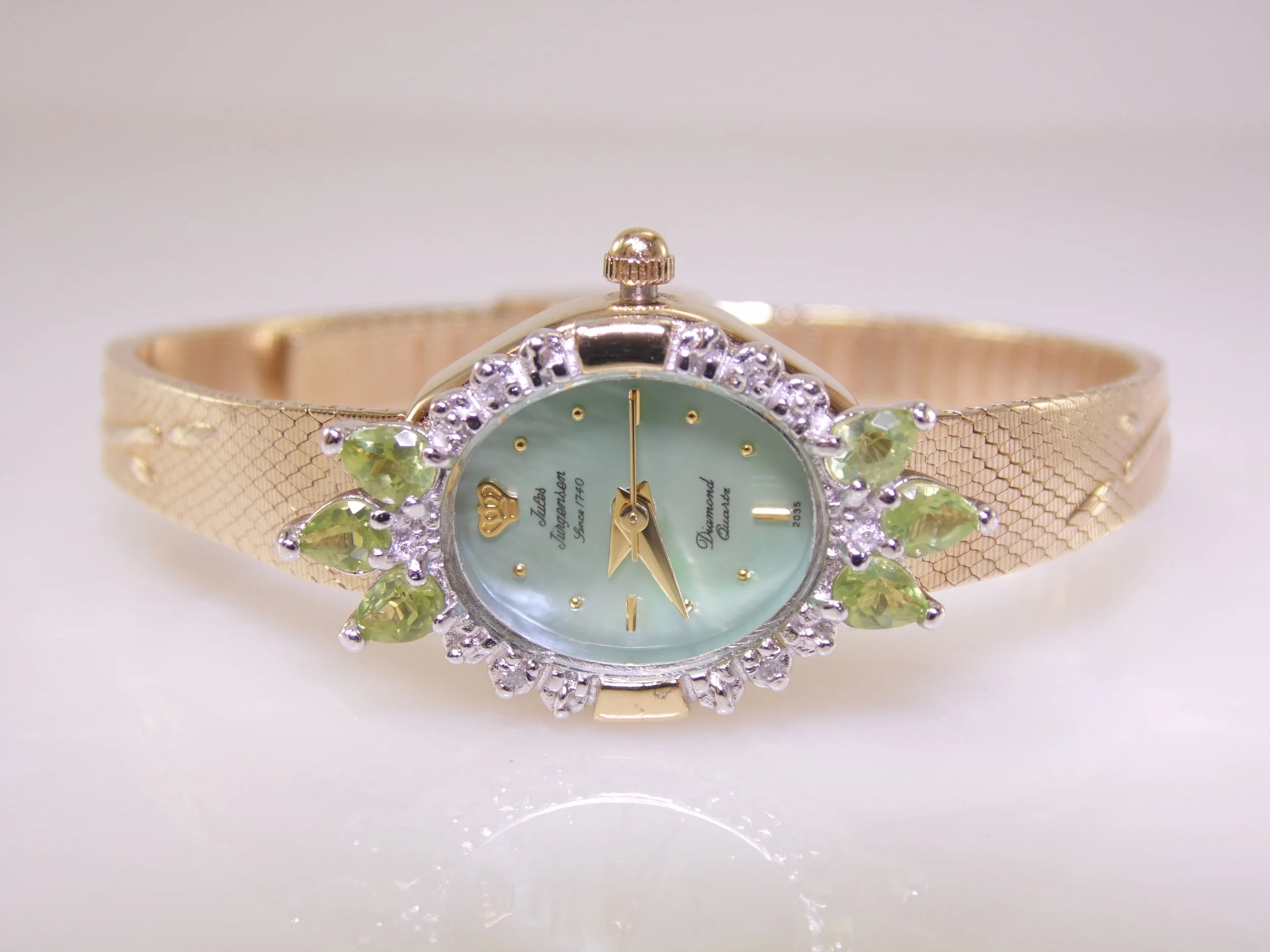 Rare Vintage Jules Jurgensen Mother of Pearl Gold Silver Genuine Diamond Peridot Womens Quartz Watch 