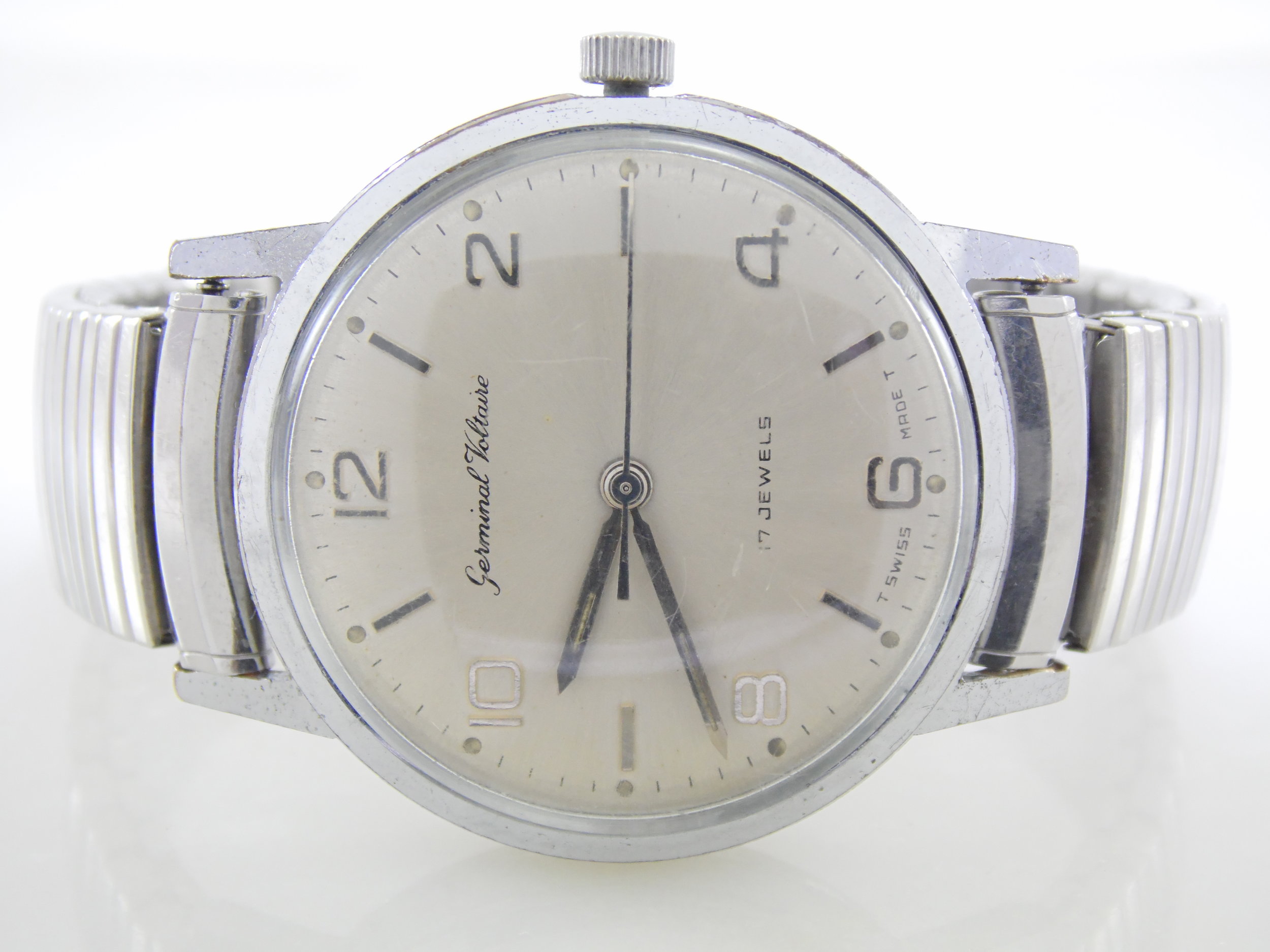 Rare Vintage Germinal Voltaire Silver Stainless Steel Mens Swiss Mechanical Windup 17 Jewels Watch AS 1686