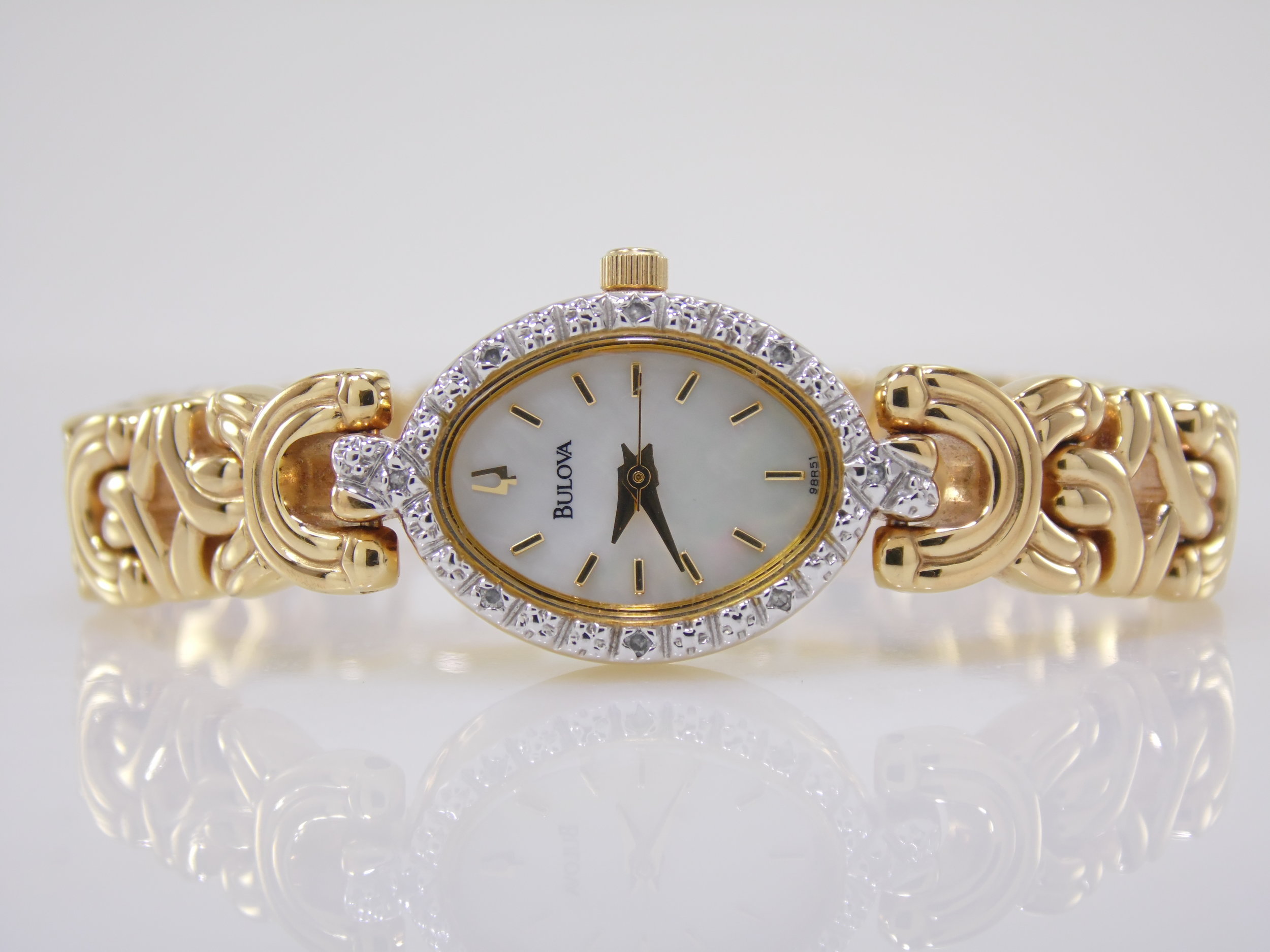 Womens Bulova Gold Silver Mother of Pearl Genuine Diamond Quartz Watch 98R51