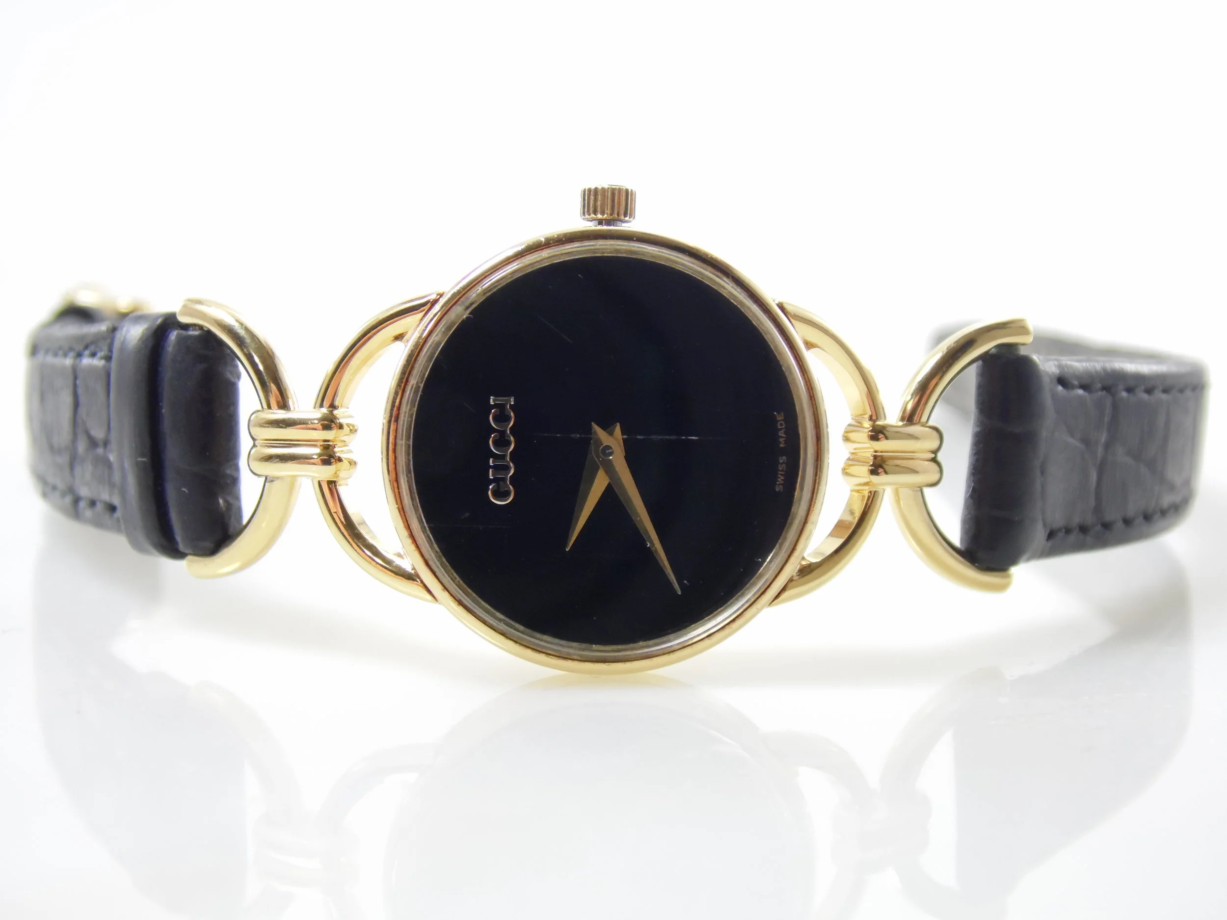Vintage Authentic Gucci 6000.2.L Black Gold Womens Swiss Quartz Watch ETA 978.003