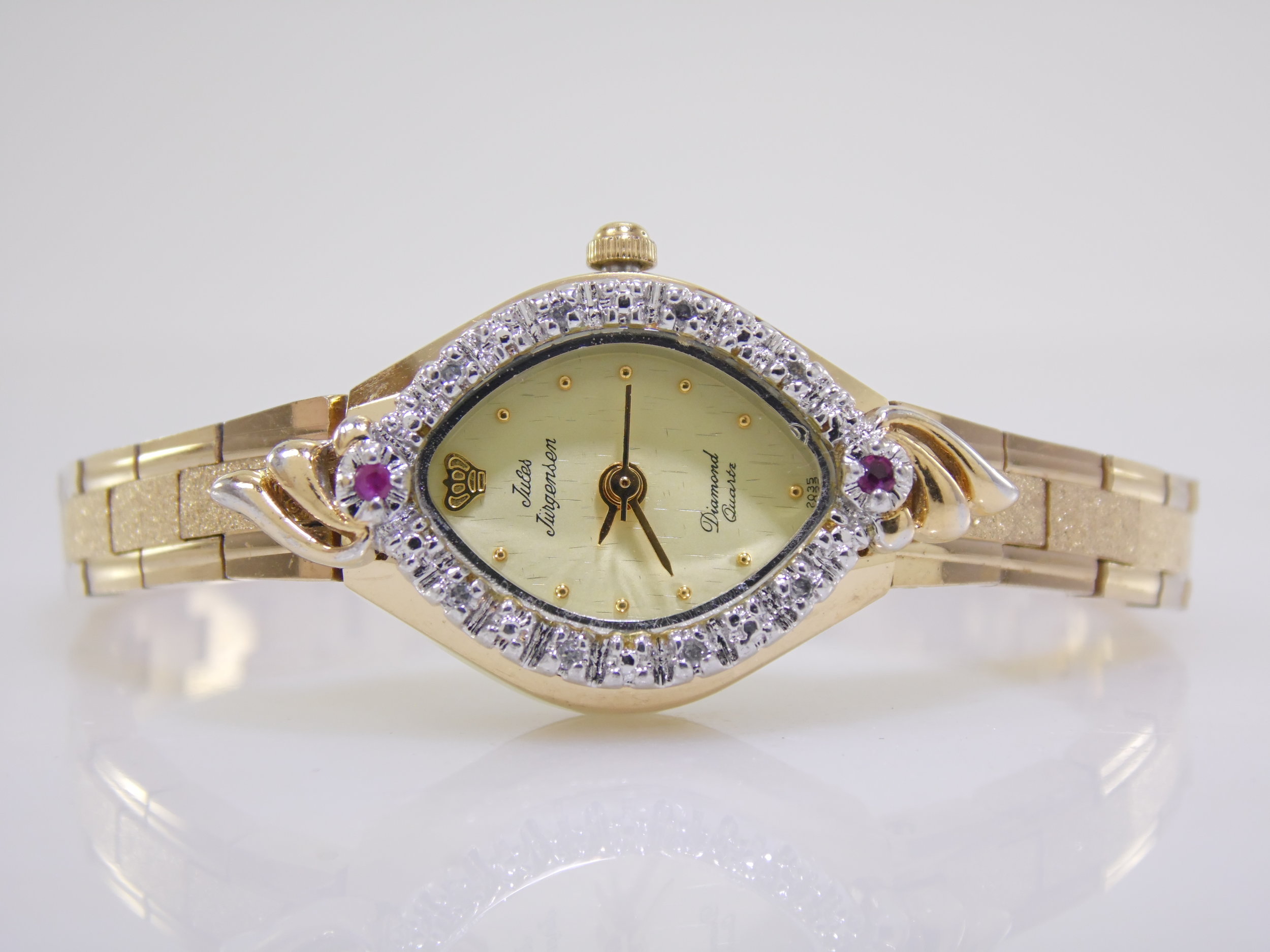 Vintage Jules Jurgensen Genuine Ruby Diamond Womens Ladies Gold Quartz Gemstone Watch 