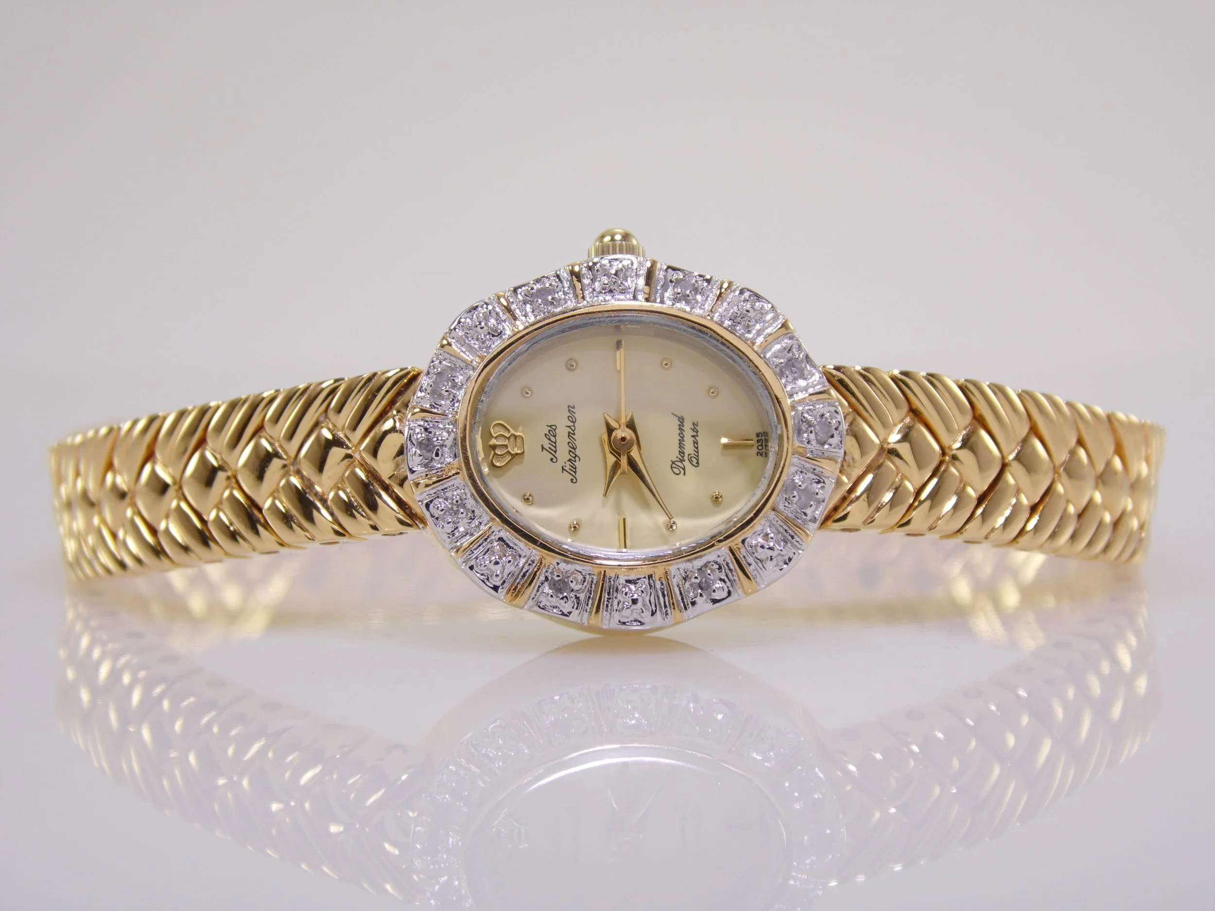 Vintage Jules Jurgensen Genuine Diamond Womens Ladies Gemstone Gold Silver Quartz Watch 
