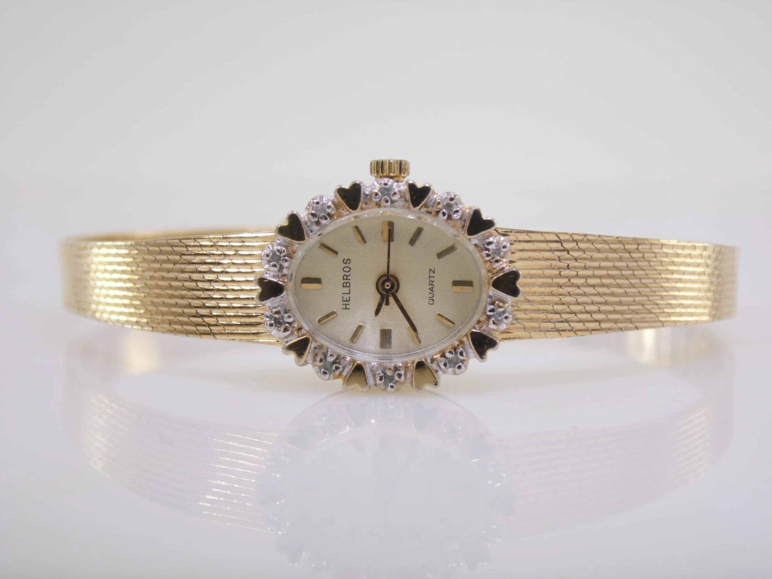 Vintage Helbros Genuine Diamond Gemstone Womens Ladies Gold Quartz Watch 5FB1 