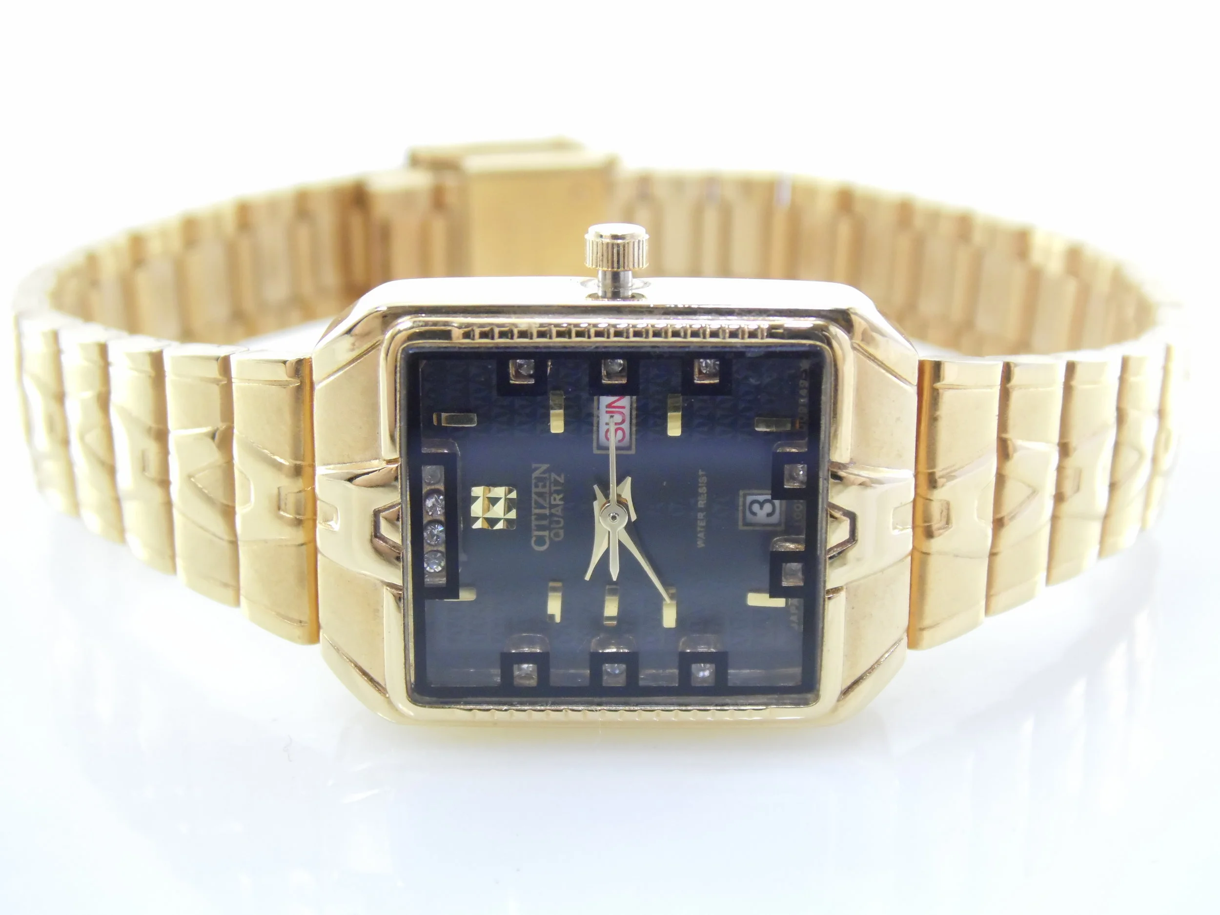 Vintage Black & Gold Citizen Simulated Diamond Womens Day Date Calendar Quartz Watch VJ23B
