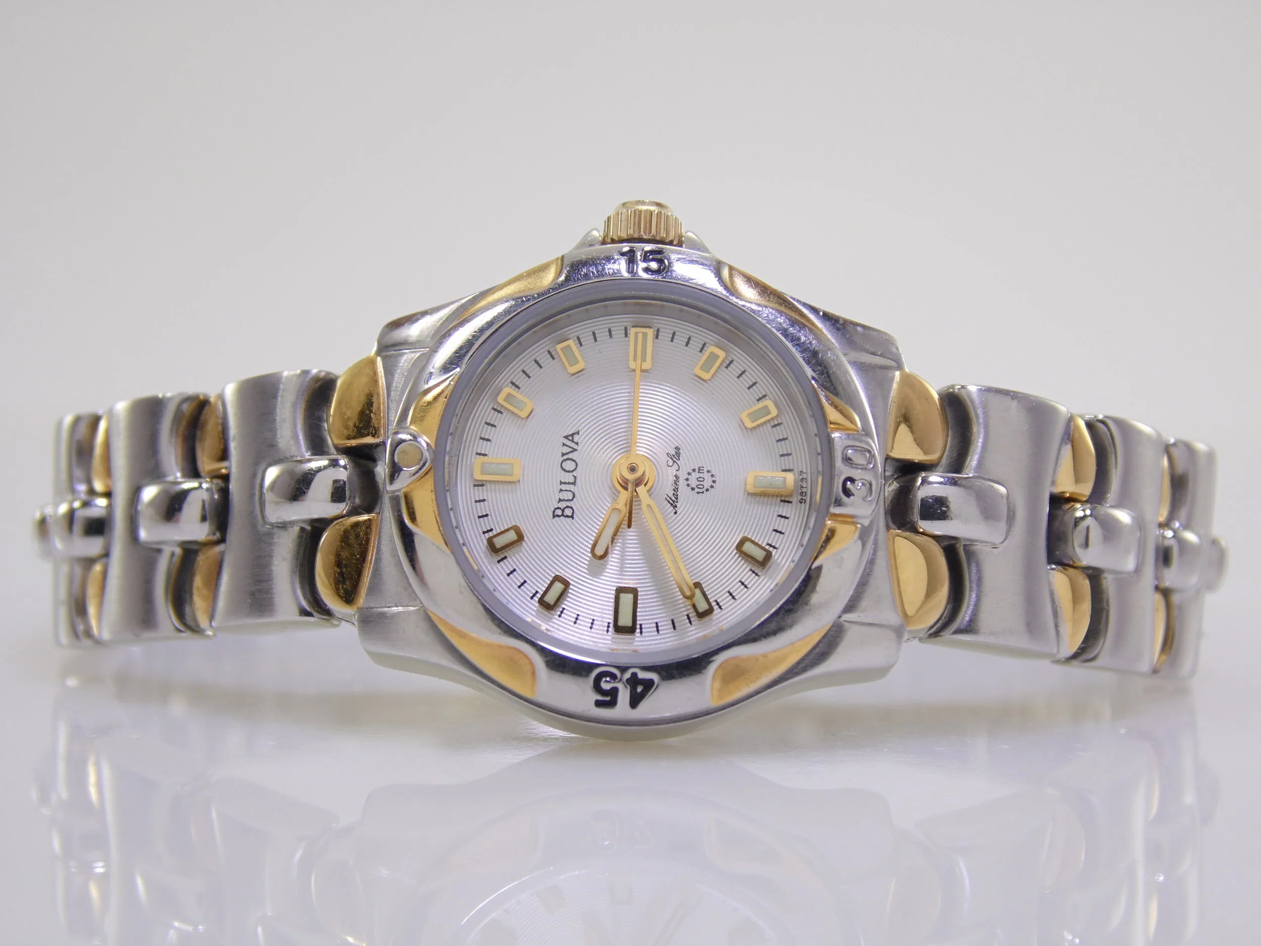 Two Tone Gold Stainless Steel Womens Bulova Marine Star 98T37 100m Water Resistant Quartz Watch MSRP $225