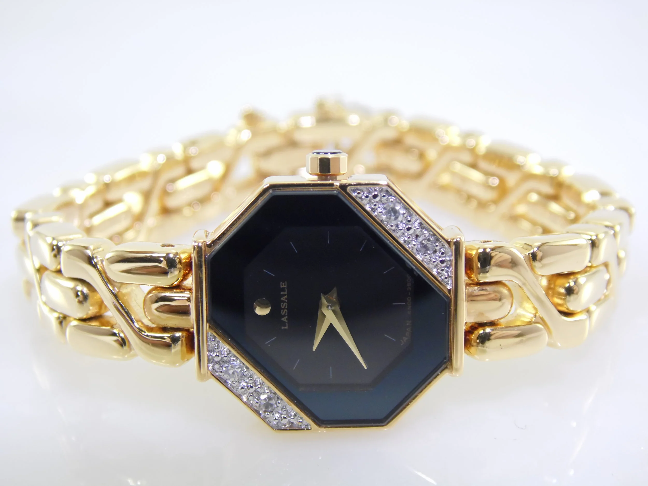 Super Rare Vintage Seiko Lassale Black & Gold Genuine Diamond Gemstone Octagon Womens Ladies Luxury Designer Quartz Watch Original MSRP $625
