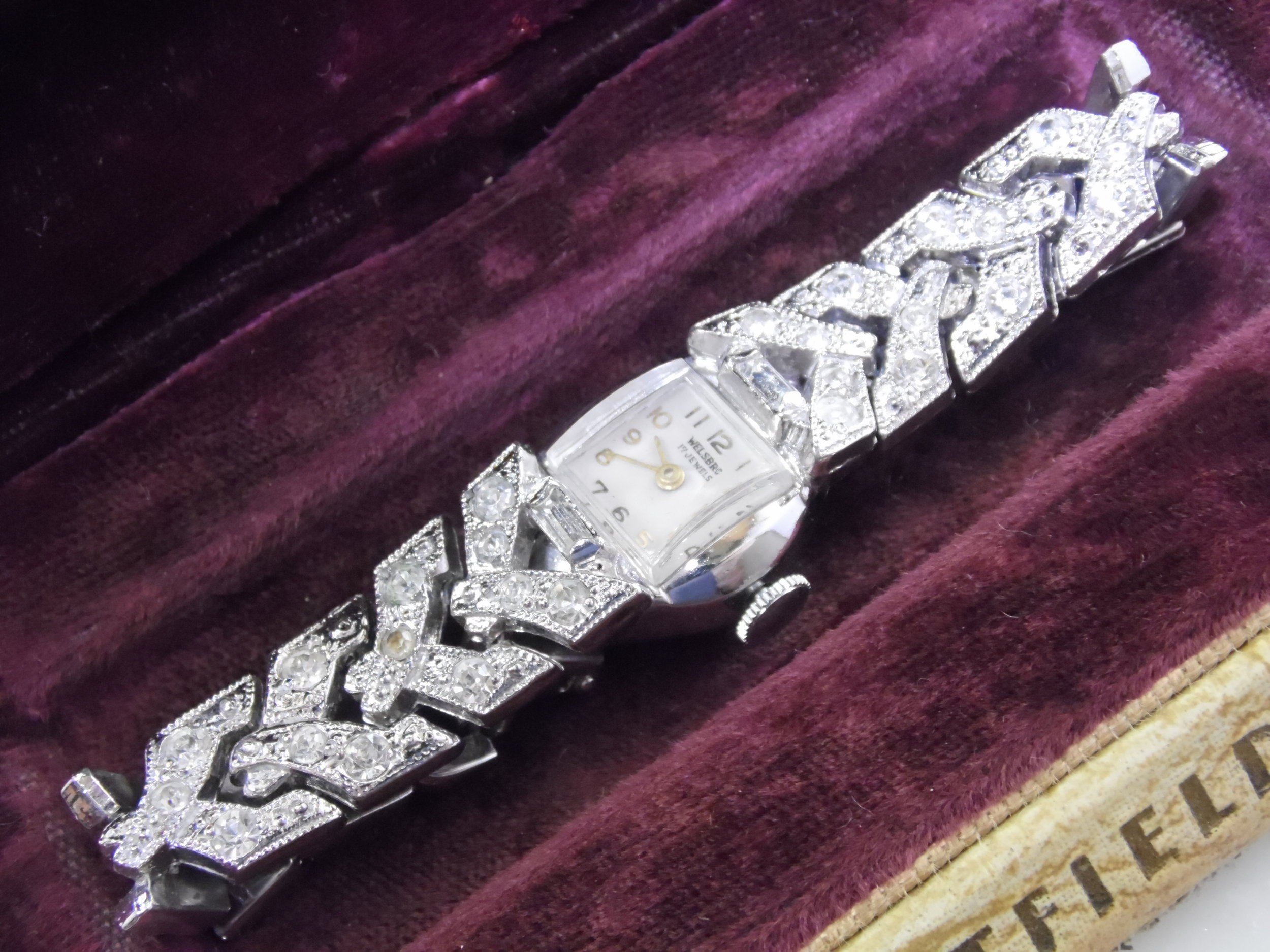 Rare Silver Vintage Welsbro Rhinestone Simulated Diamond Womens Ladies 17 Jewels Swiss Mechanical Wind Up Watch (Read Desc)