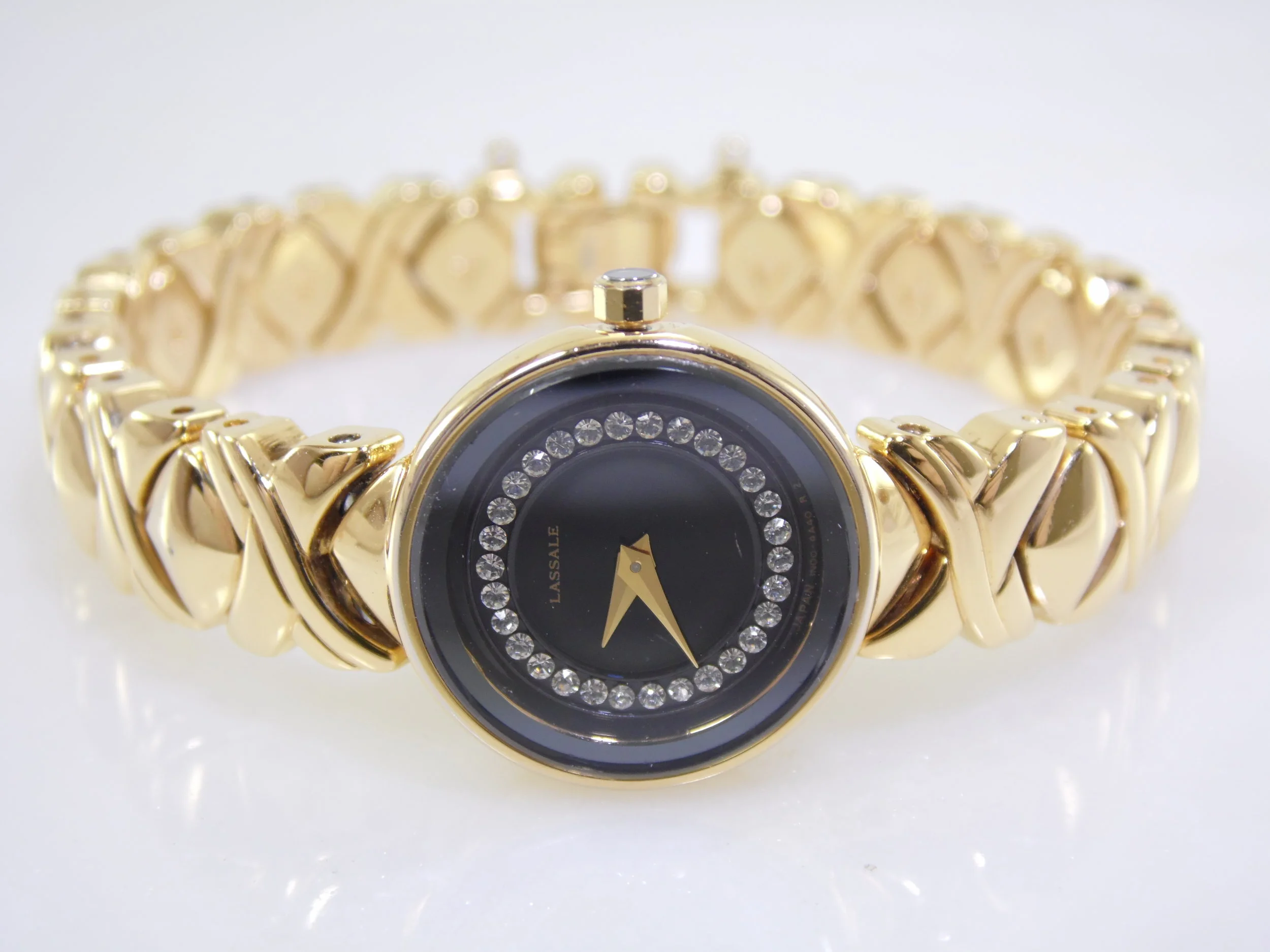 Rare Vintage Black & Gold Seiko Lassale Simulated Diamond Dial Womens Ladies Luxury Designer Quartz Watch Original MSRP $495