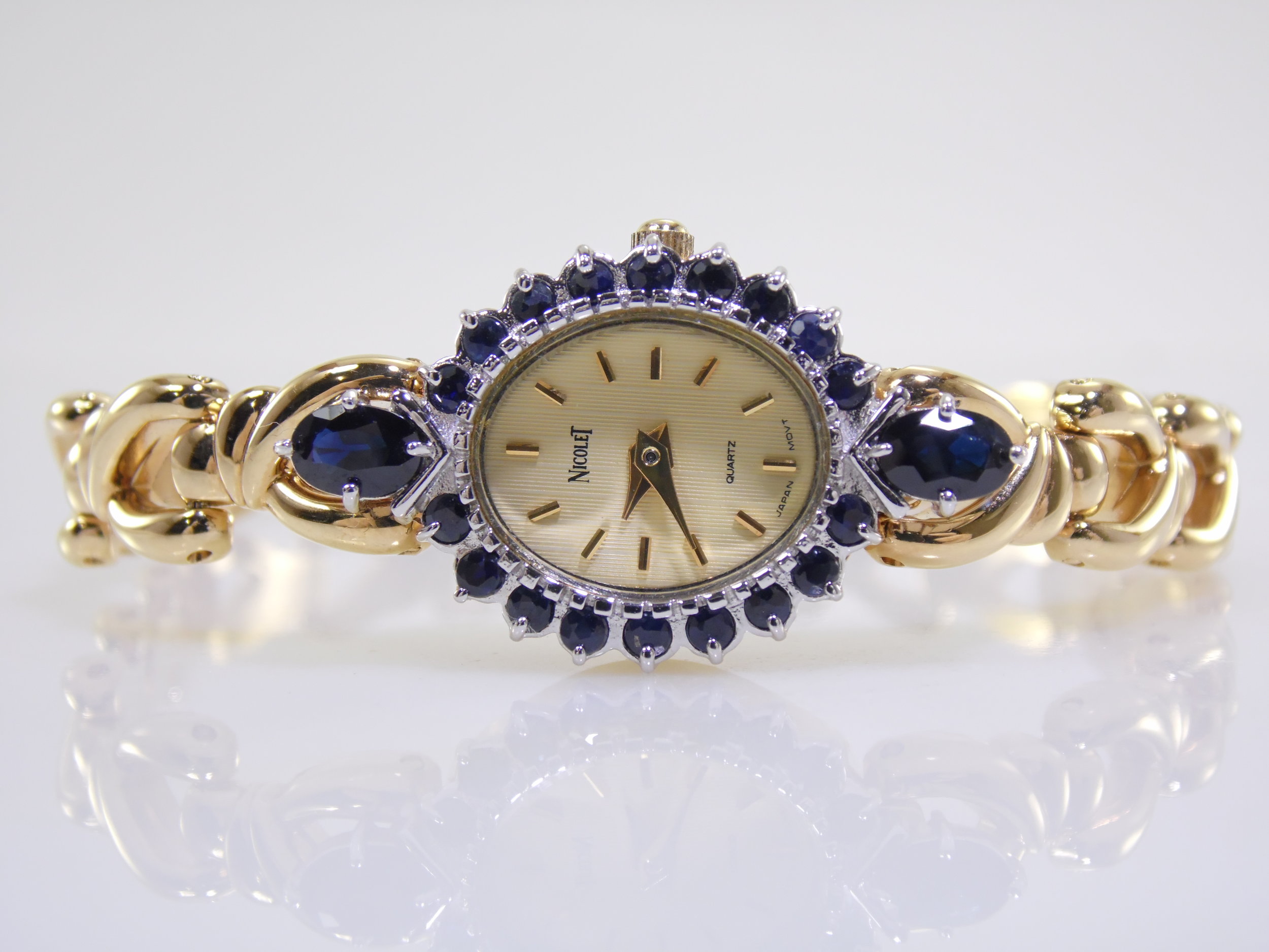 Rare Vintage Nicolet Blue Genuine Natural Sapphire Gemstone Womens Gold Quartz Watch 