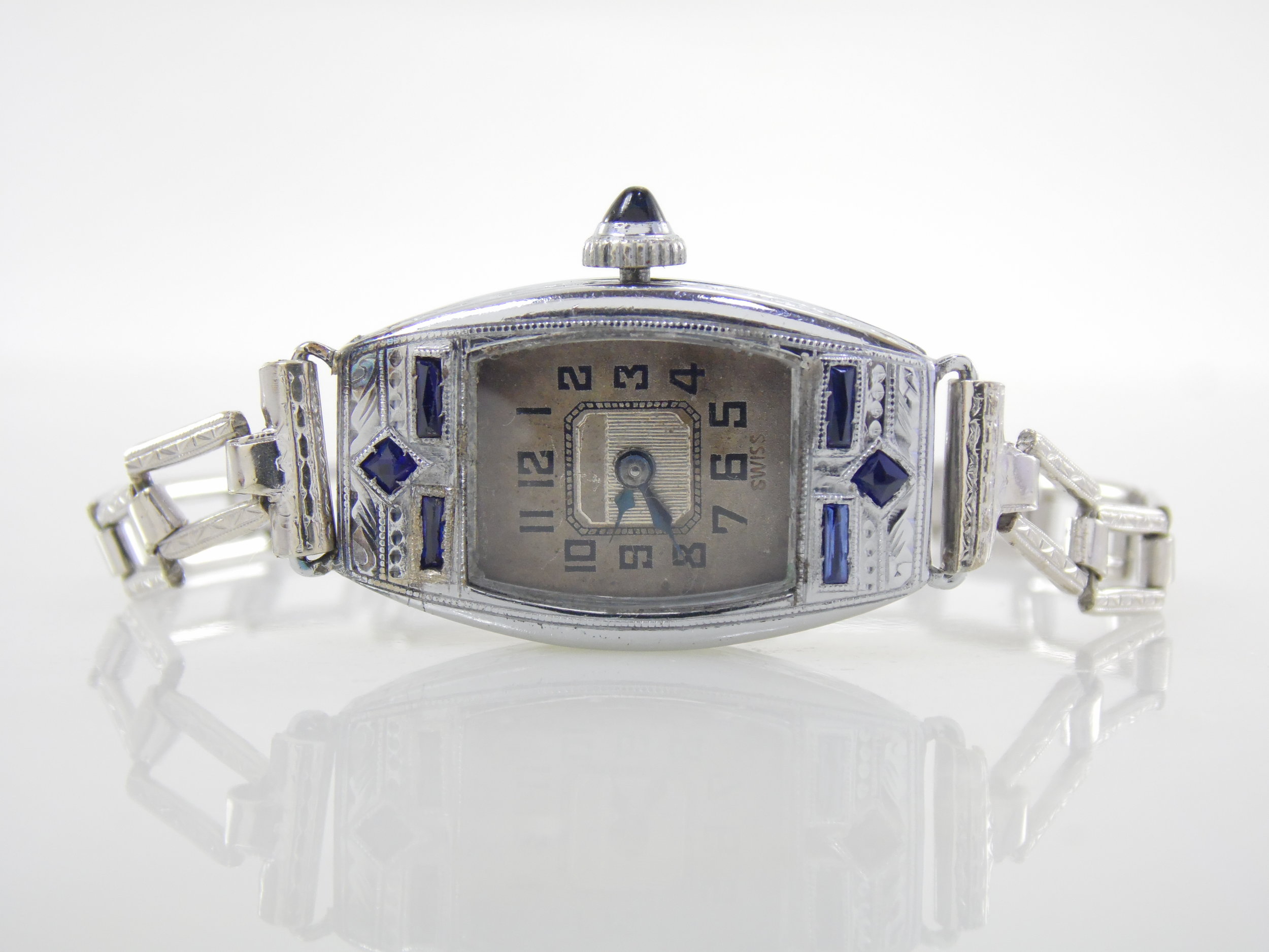 Rare Vintage Art Deco Garland Genuine Blue Sapphire Gemstone Swiss Mechanical Windup Womens Silver 14kt Gold Filled Watch In Running Condition 