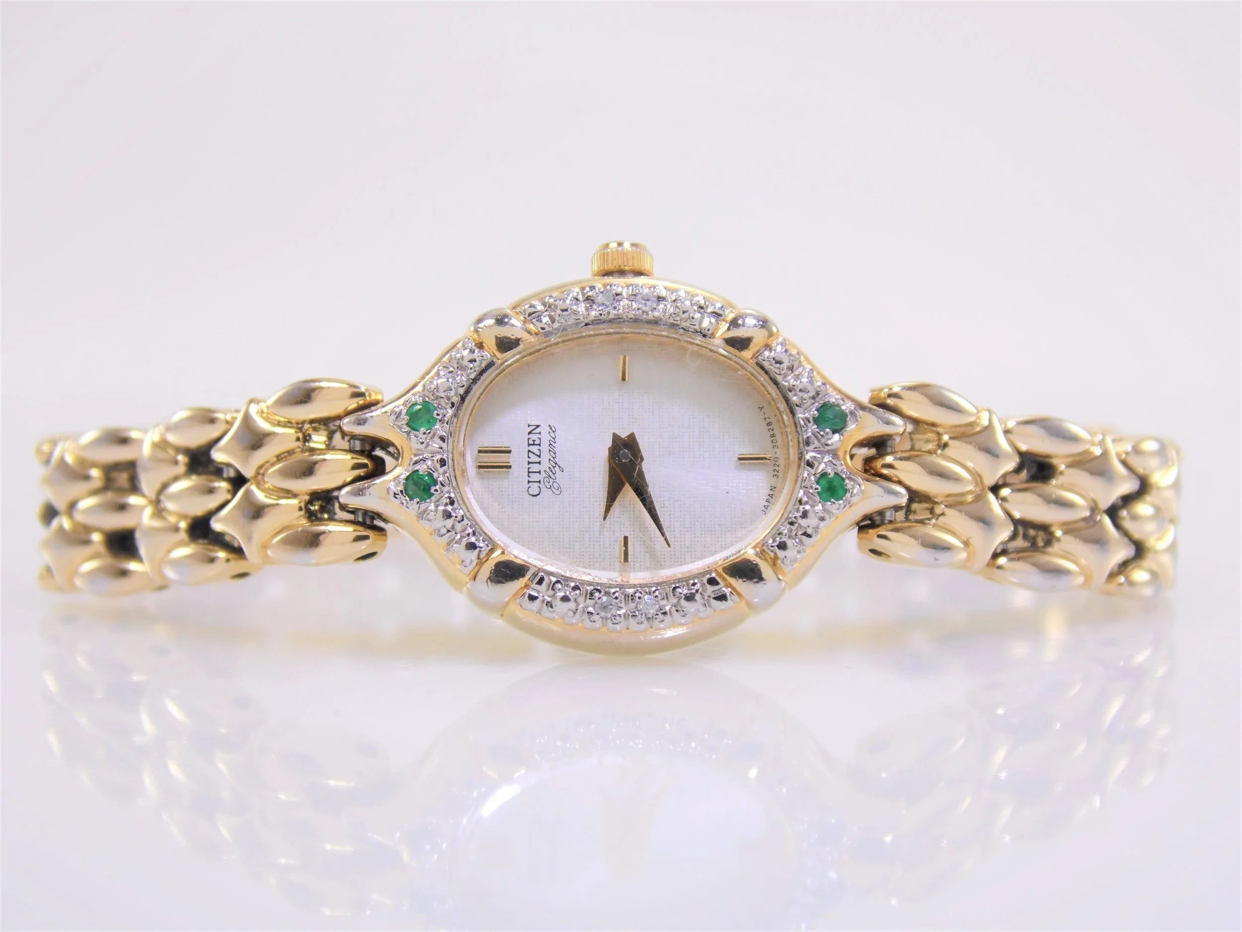 Vintage Gold Womens Citizen Genuine Diamond & Emerald Gemstone Quartz Watch 