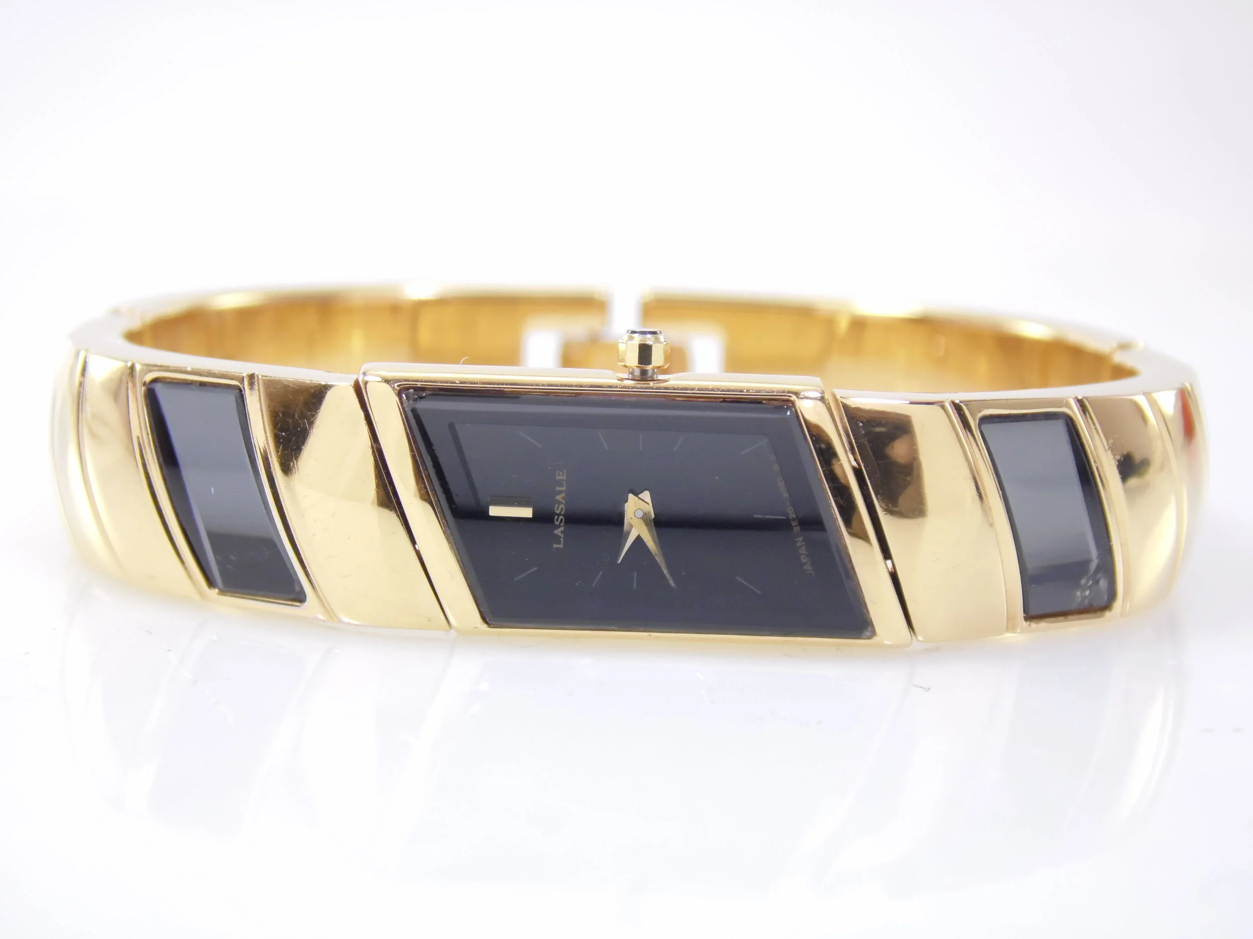 Rare Vintage Lassale by Seiko Gold Bangle Bracelet Sapphire Crystal Inlay Womens Luxury Designer Quartz Watch CZP046