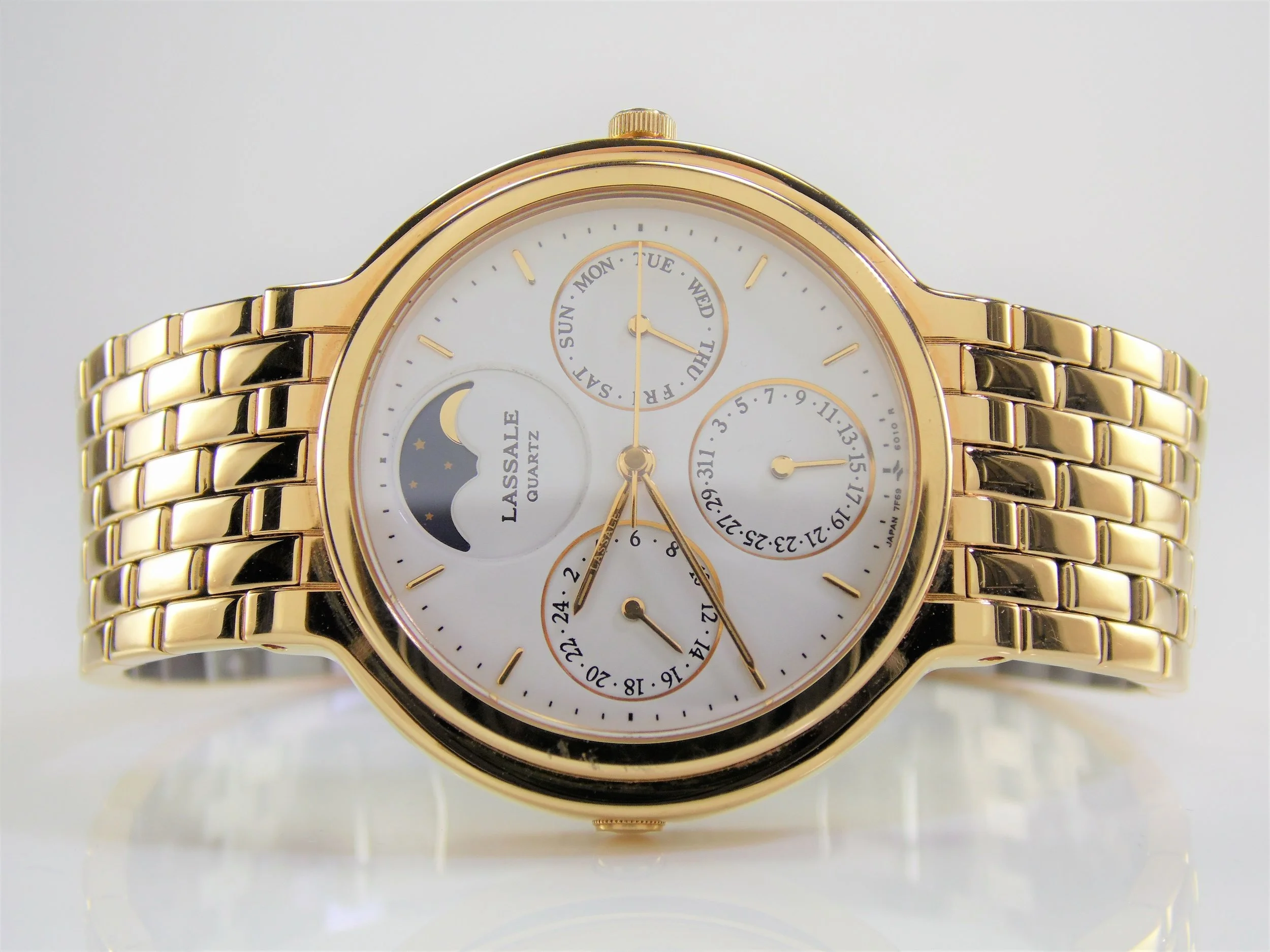 Very Rare Vintage Mens Womens Unisex Stainless Steel & Gold Authentic Lassale CAL002 By Seiko Thin Profile Luxury Designer Calendar Day Date Moon Phase Quartz Watch 7F69-6029