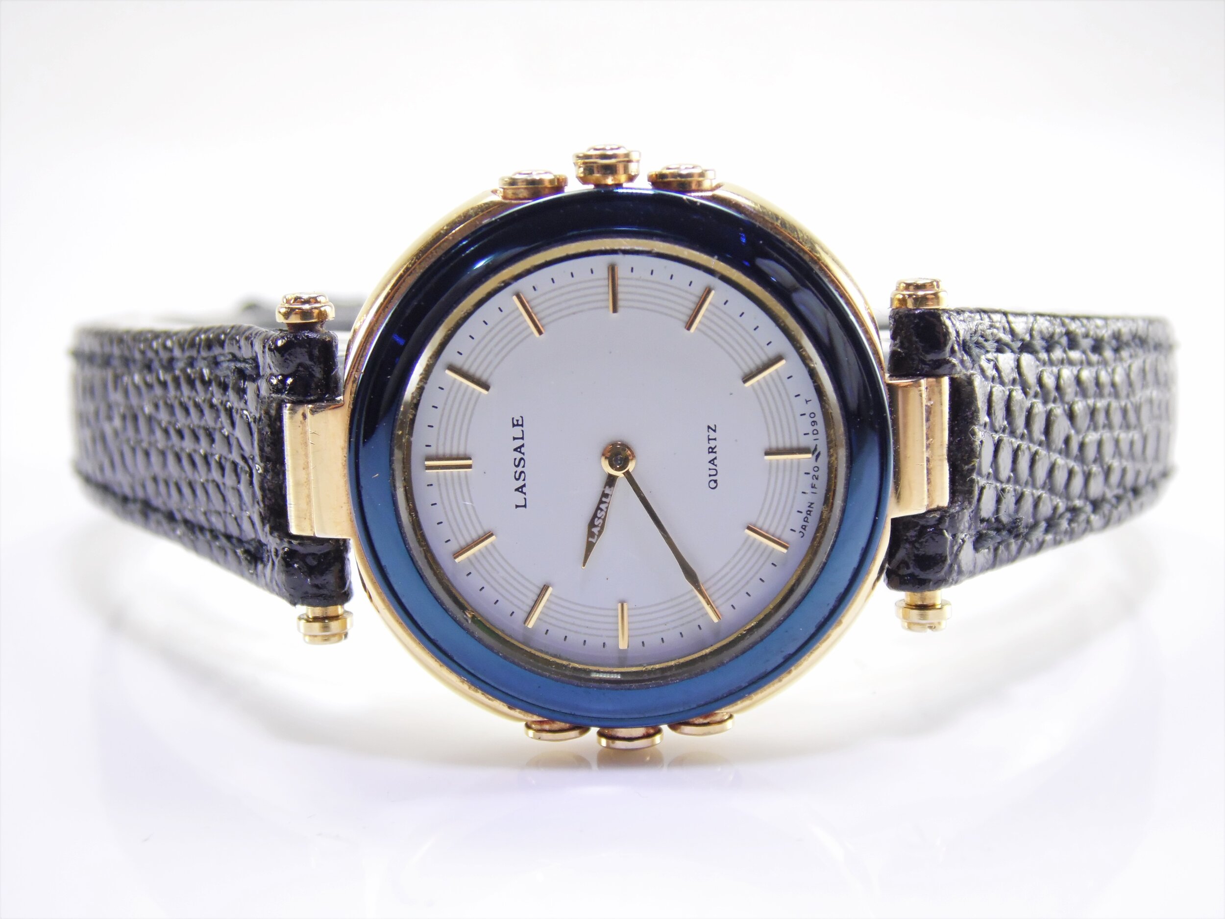 Rare Vintage Womens Ladies Blue &amp; Gold Lassale By Seiko Hardlex Crystal Thin Profile Luxury Designer Quartz Watch 1F20-0D49
