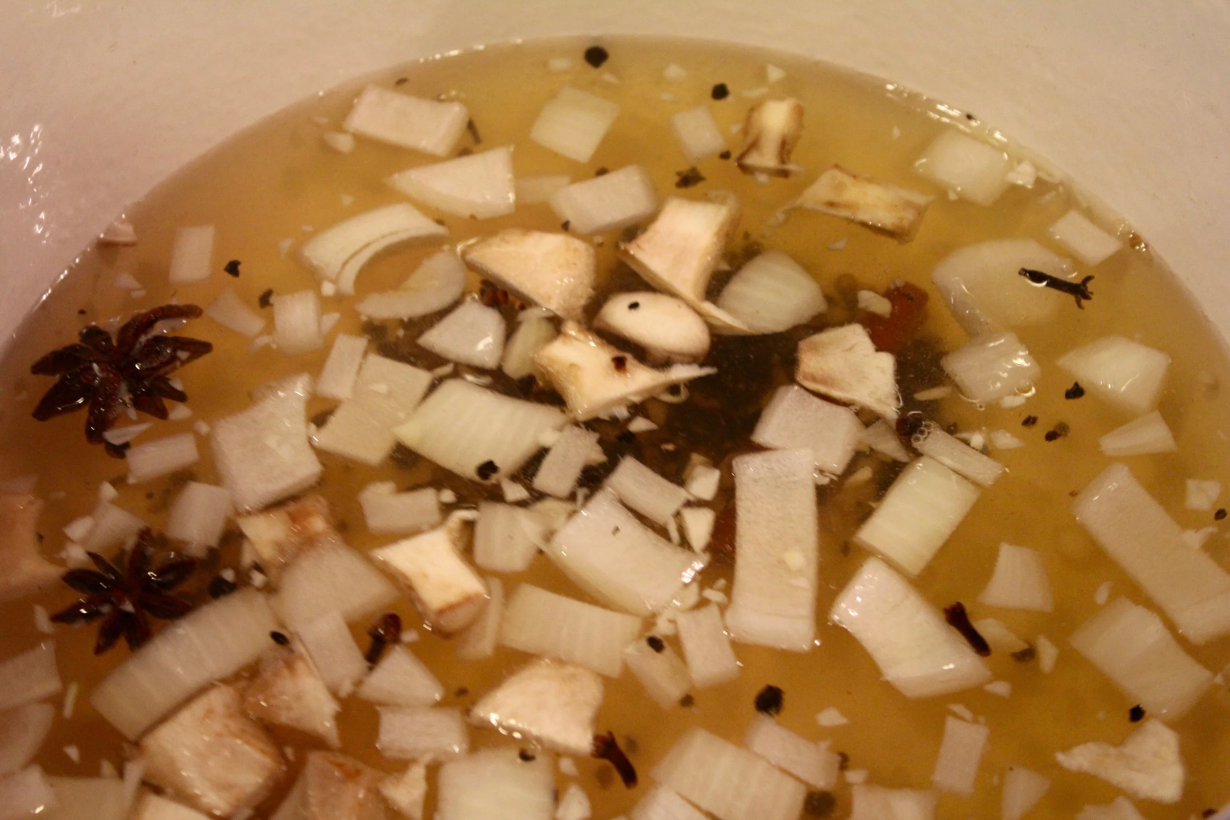 After adding the onion, water, mushroom stems, and garlic... Here, my classic phrase applies: "It ain't pretty, but it's good."