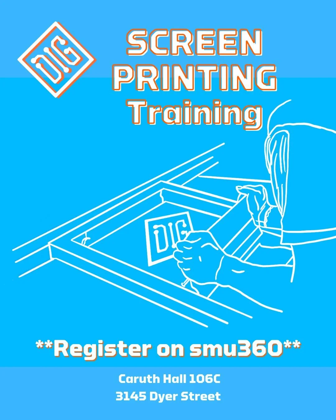 Monday Mar 09, 2026 11:00-12:00

Register: https://cglink.me/2vb/r392199

Welcome to The DIG's screen printing training session! In this training, you will learn how to create high-quality screen prints on fabric and paper.

Throughout the training, 