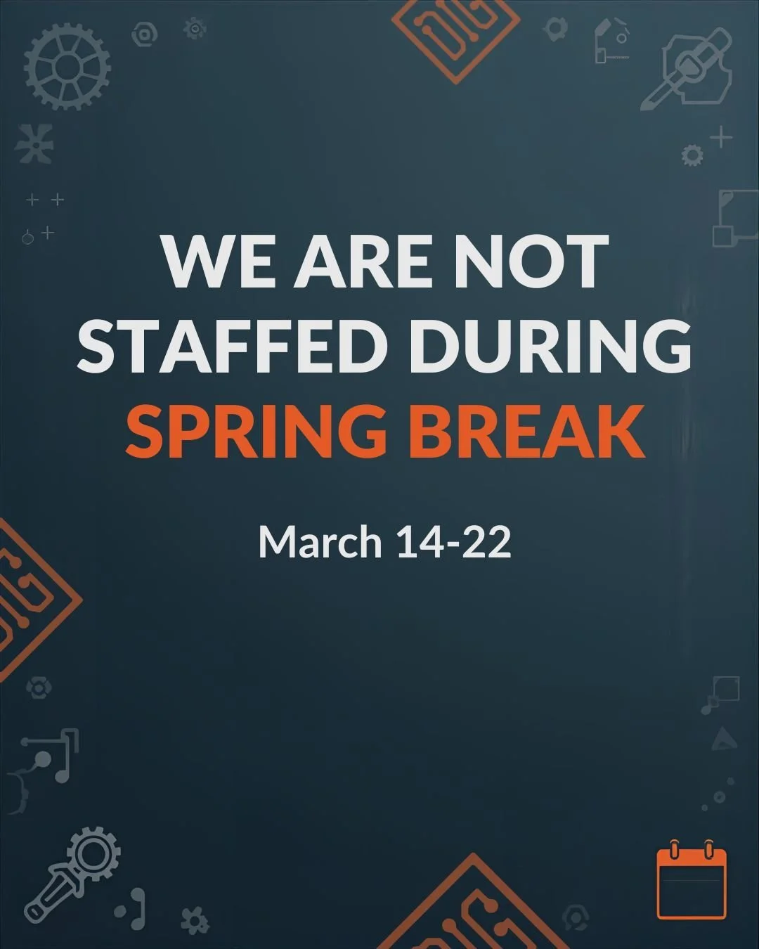 The DIG is not staffed during spring break.

Staffed hours end Friday, March 13 at 5pm and resume Monday, March 24 at 9am.

The main door to the DIG will be locked 24/7, but still accessible to anyone with ID card access. If you need ID card access t