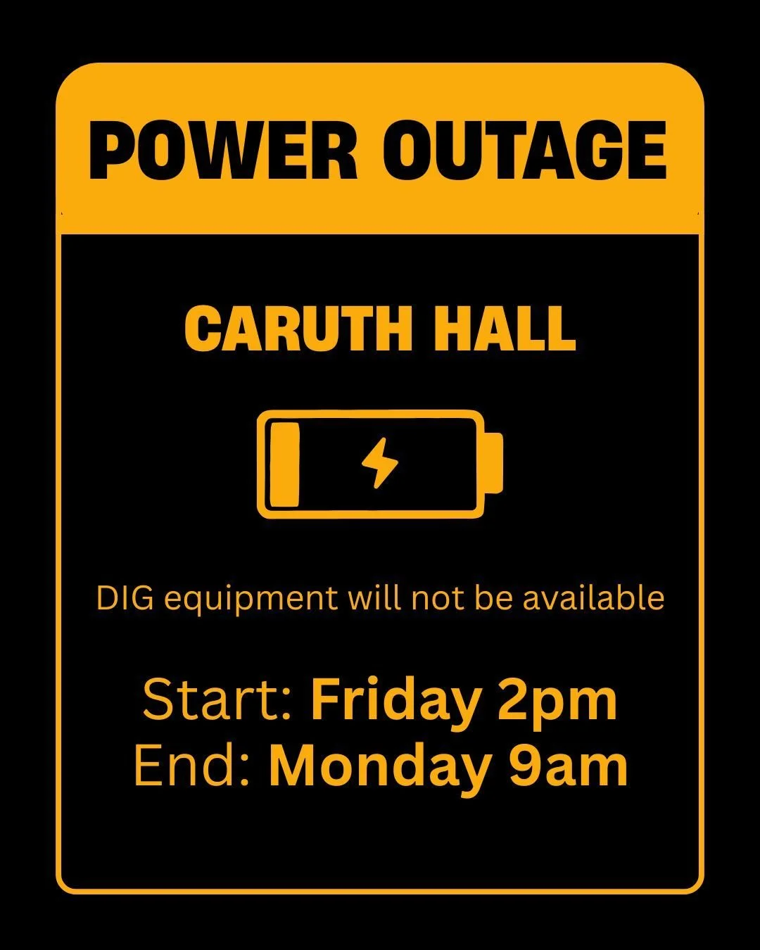 There is a scheduled power outage affecting Caruth Hall on Saturday, March 21 from 7am-7pm.

To protect our equipment, machines will be unplugged and locked out beginning at 2pm on Friday, March 20 and will remain locked out until staff returns after