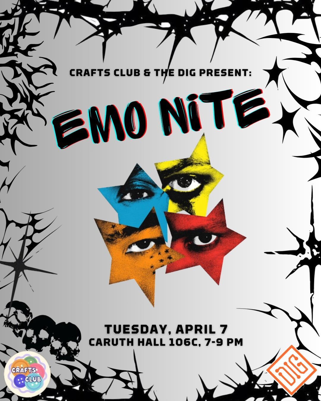 Are you stuck living your chungus life? Do you want to escape society? Come to Caruth Hall 106 C on April 7th from 7-9 pm for EMO NITE.