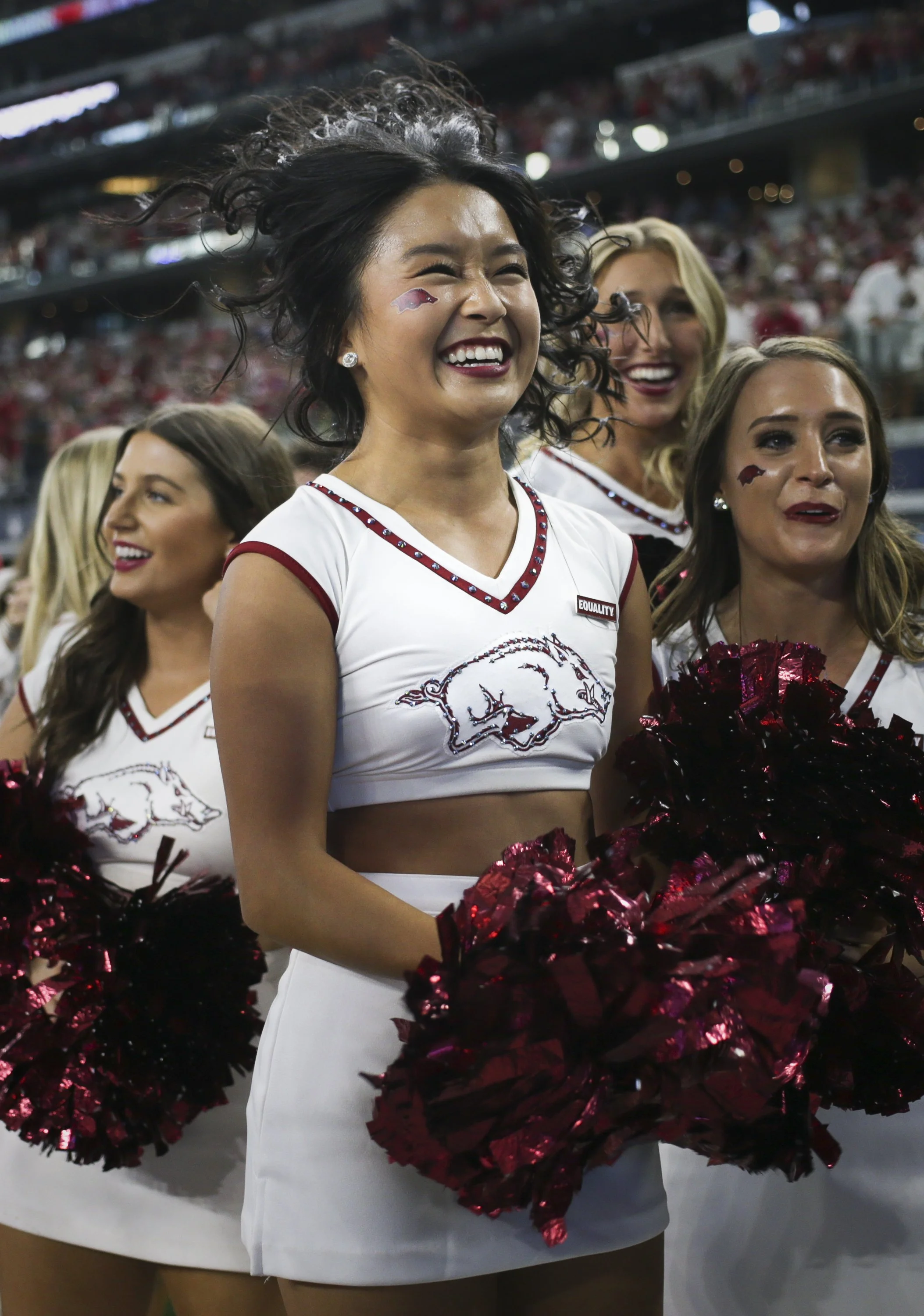 Arkansas cheerleaders react, Saturday, September 25, 2021 at the end of a football game at AT&T Stadium in Arlington, Texas.