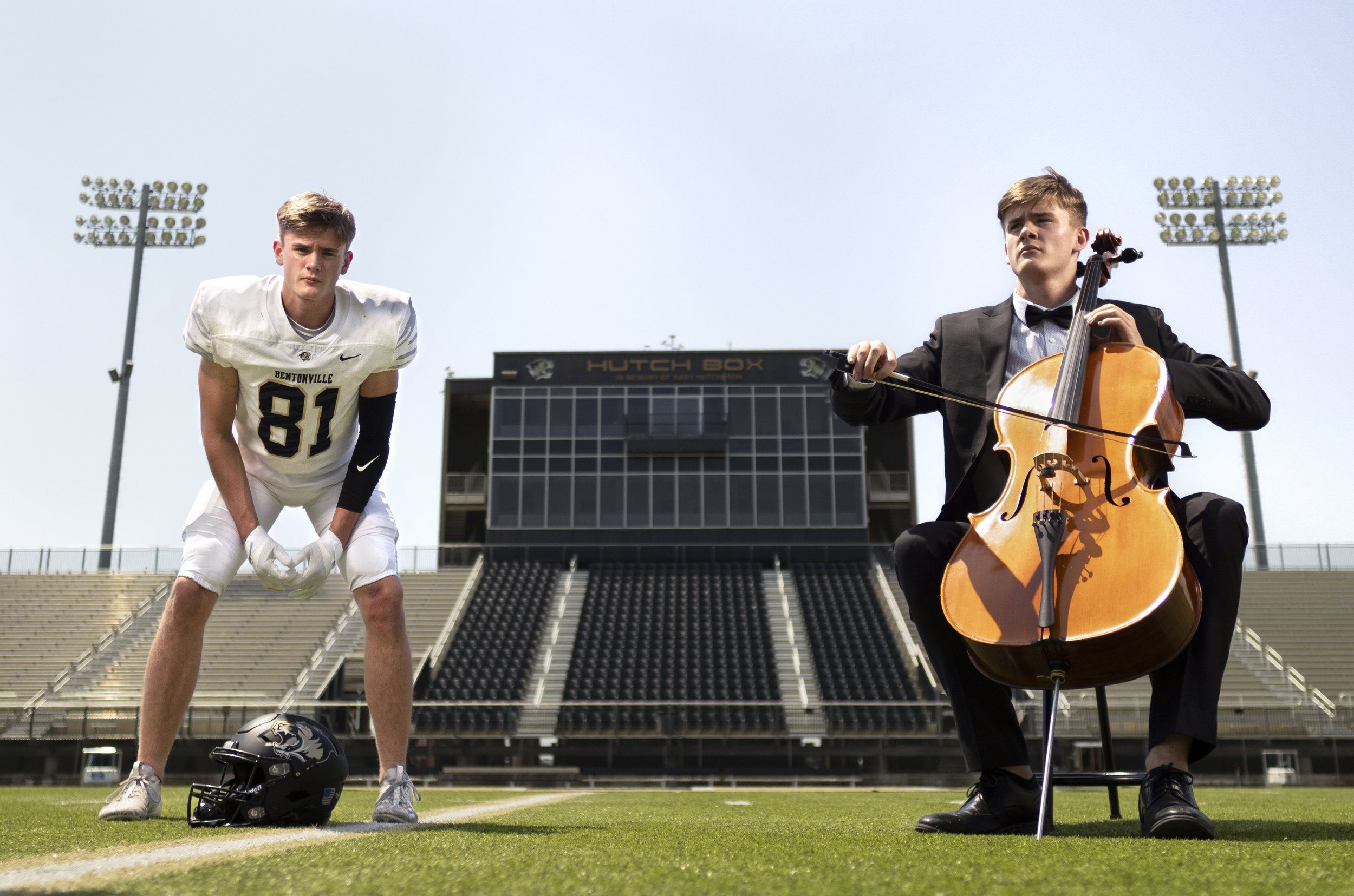  Bentonville senior linebacker Rivers Wiseman poses for a portrait in a composite photo at Tiger Stadium at Bentonville High School in Bentonville, Friday, August 18, 2023. Wiseman is regarded as one of the nation’s top cello players and already has 