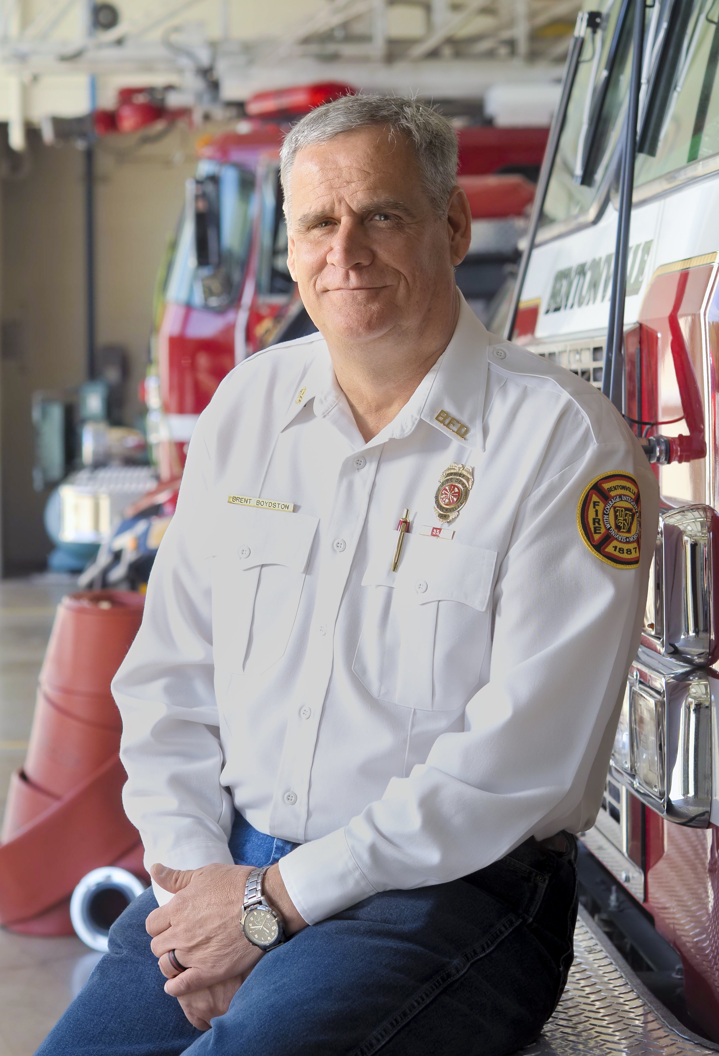  Bentonville Fire Chief Brent Boydston poses for a portrait at the Bentonville Fire Department in Bentonville, Friday, April 14, 2023. 