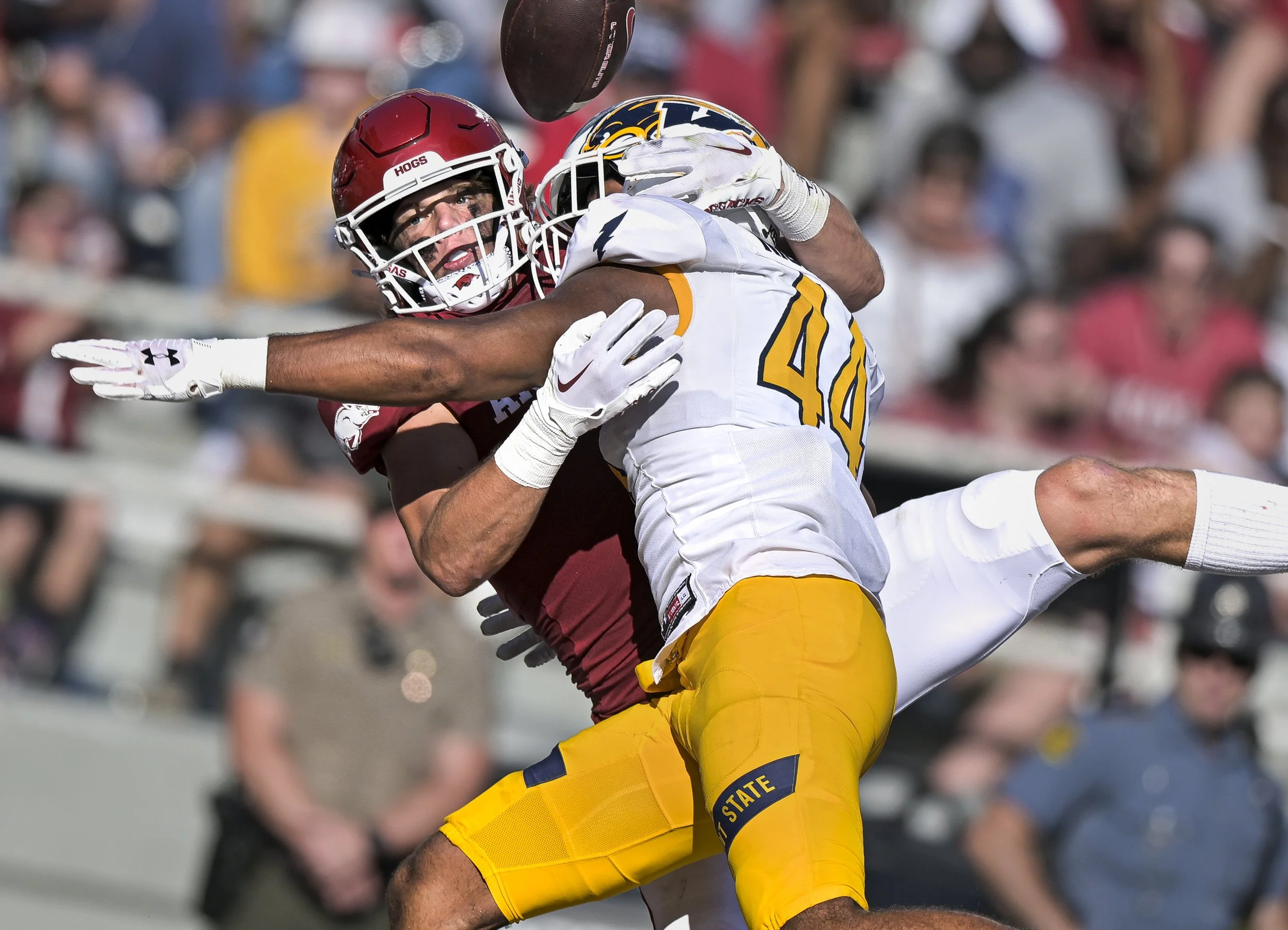 Kent State Rocco Nicholl (44) commits a pass interference as Arkansas Isaac TeSlaa (4) leaps for a pass, Saturday, September 9, 2023 during the fourth quarter of a football game at Donald W. Reynolds Razorback Stadium in Fayetteville.