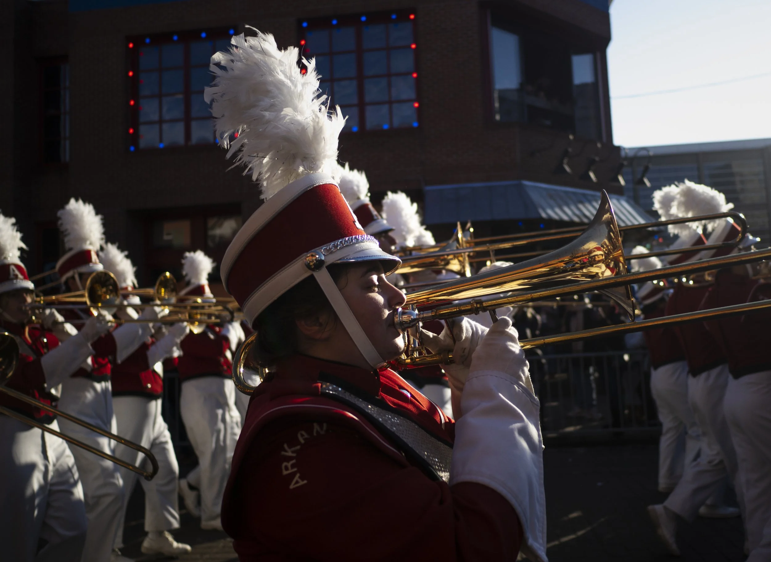 Arkansas band members perform, Tuesday, December 27, 2022 during the Beale Street Parade along the historic Beale Street in Memphis, Tenn.