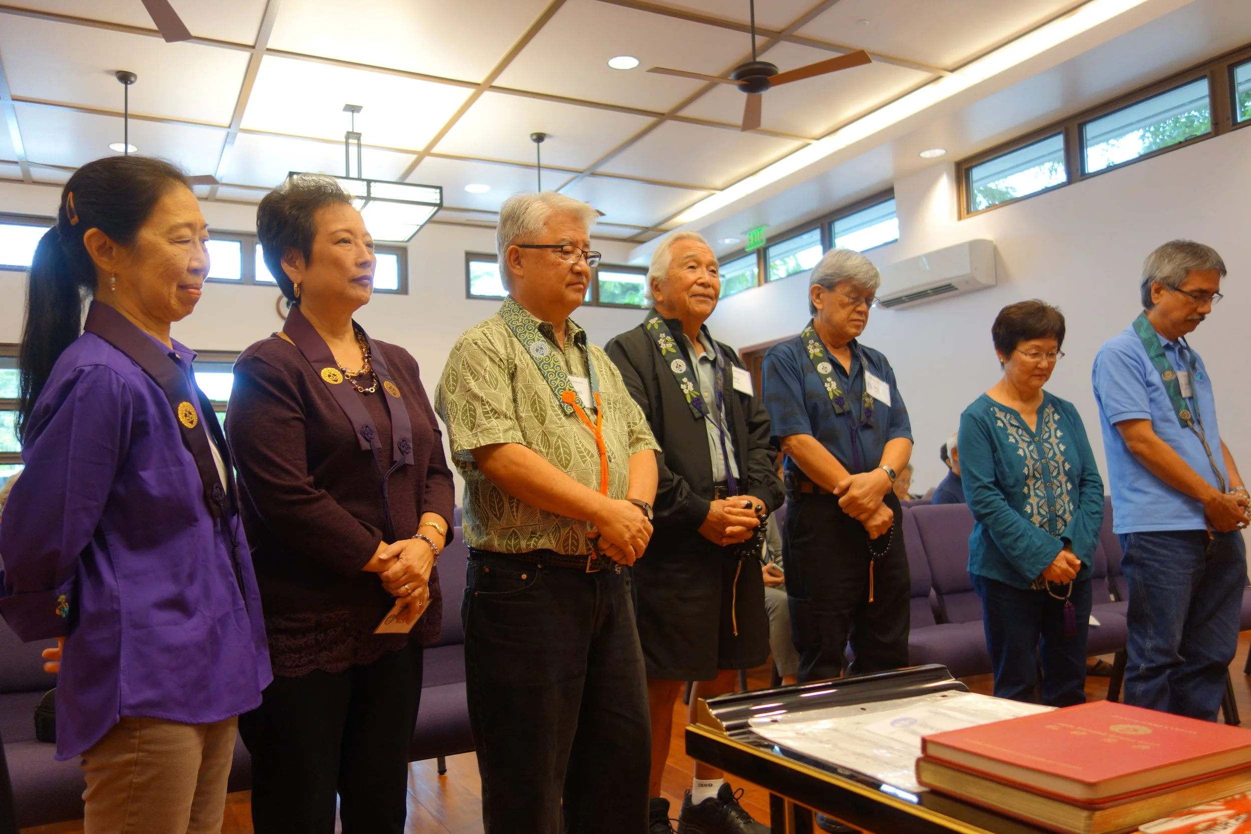 From left to right: Joyce Nishita, Merle Tashiro, Dennis Tashiro, Keiji Kukino, Bob Nishita, Geraldine Ochikubo, Gerald Matsuda.