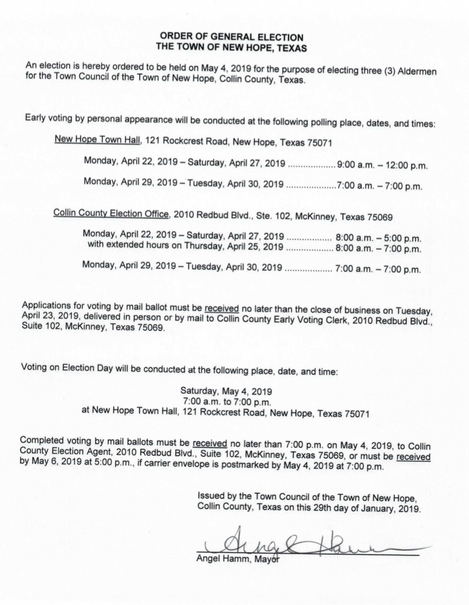 Order of General Election - The Town of New Hope, Texas - May 4, 2019
