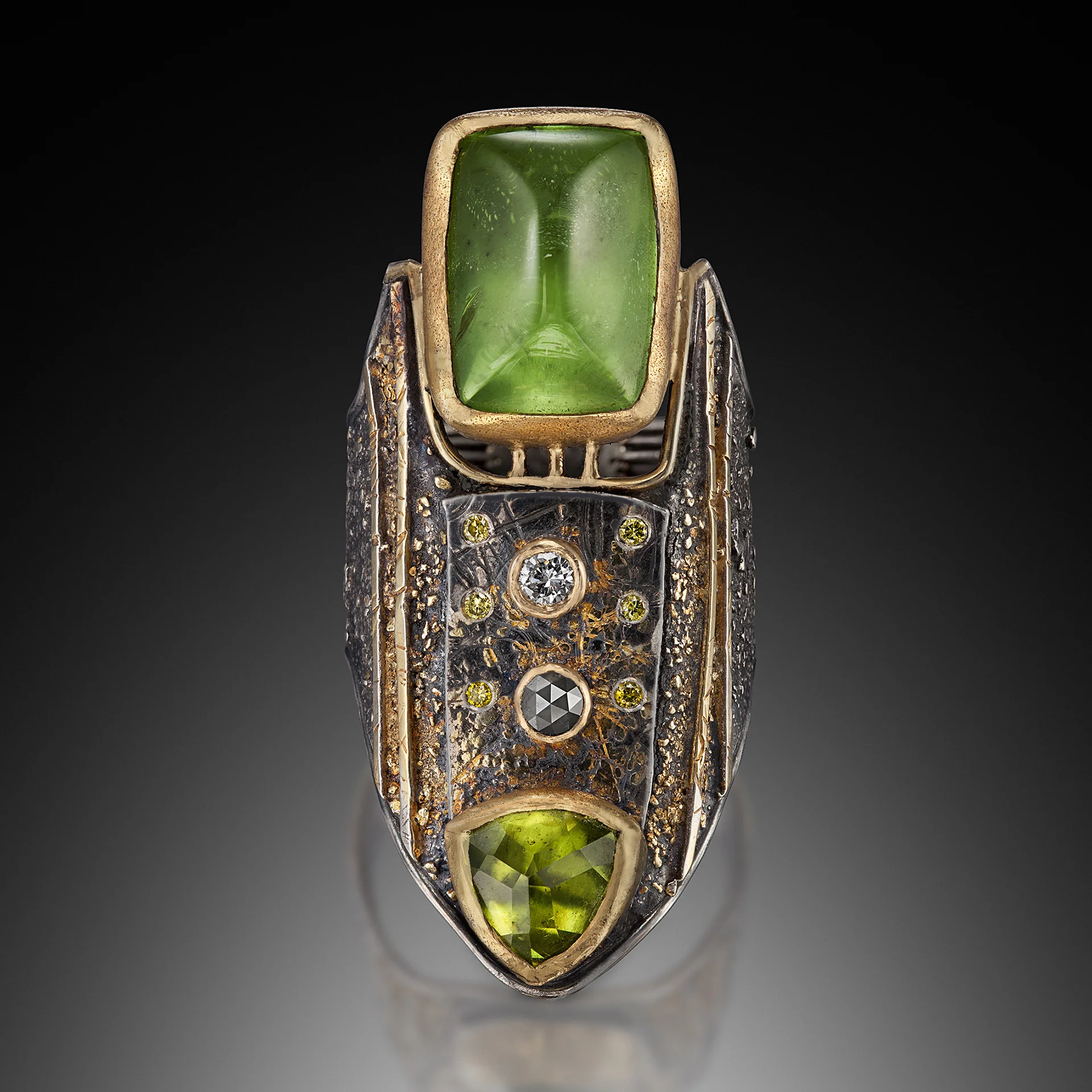 Double Peridot Shield Ring