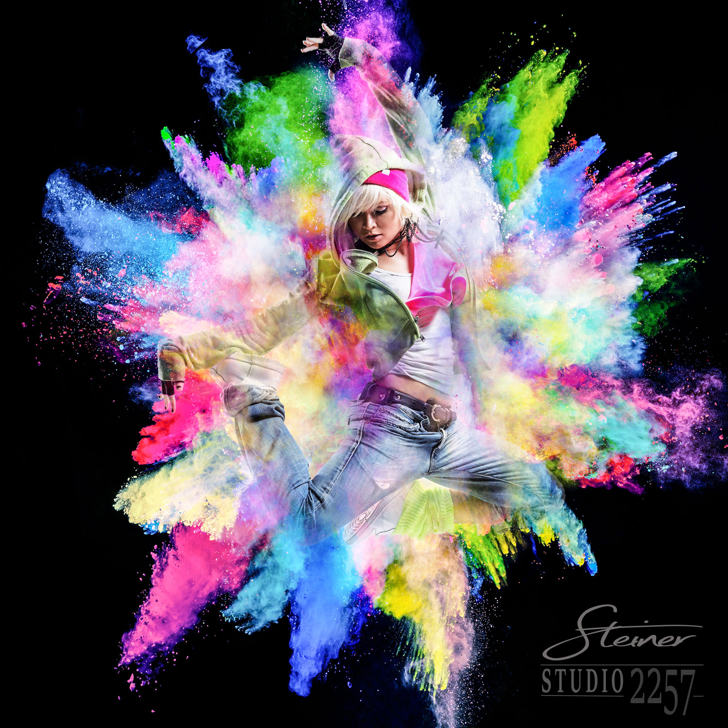 athletic teen girl jumping in powder composite sports art