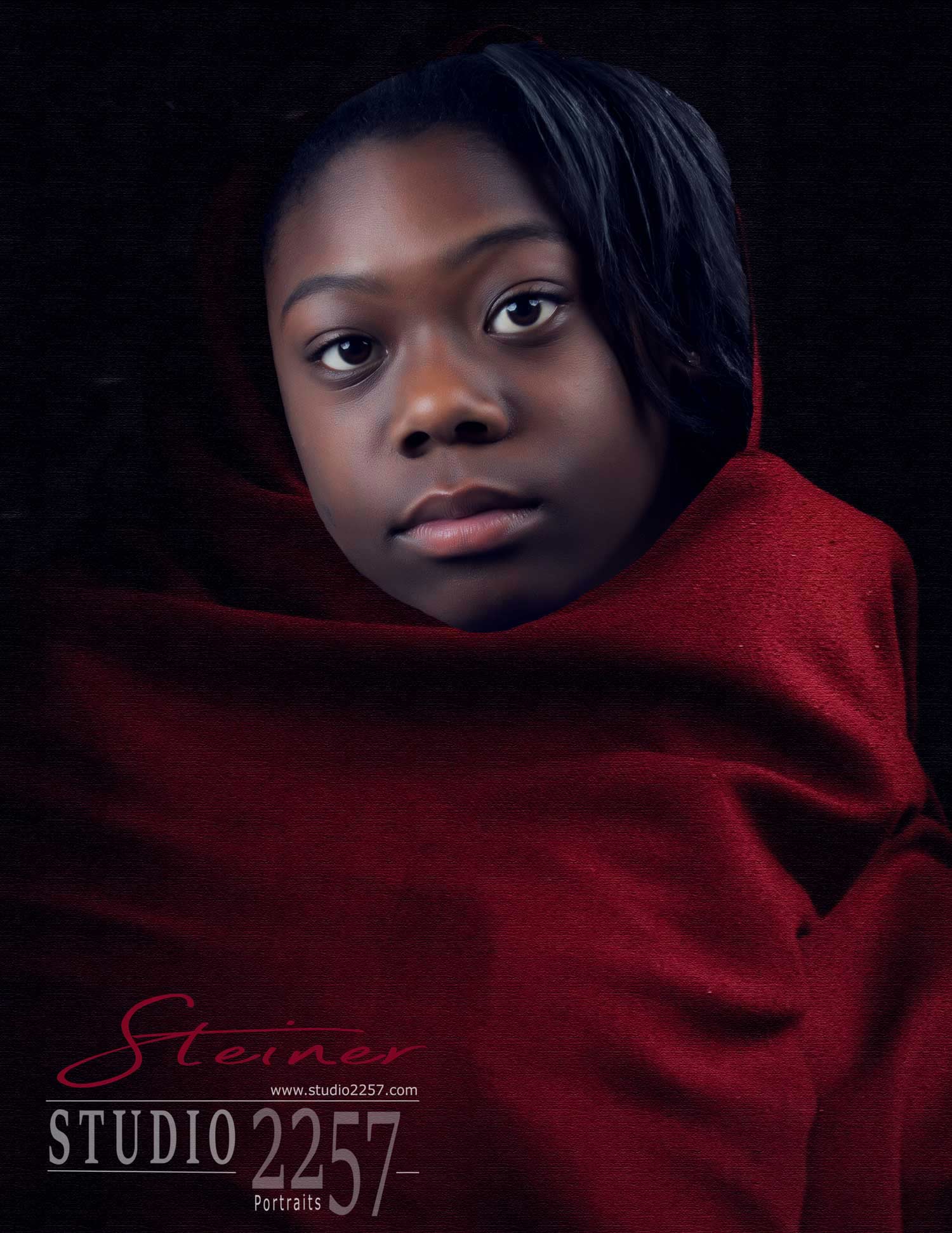 teen portrait photo of girl wrapped in red 