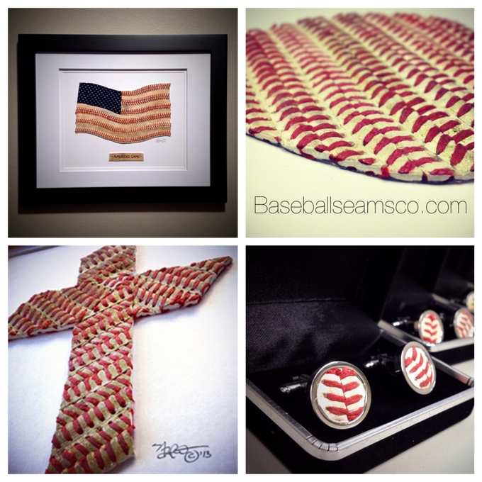 Examples of old, tattered baseballs being given new life through the form of artwork and accessories.