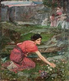 Un estudio: Doncellas recogiendo flores por un arroyo ~ John William Waterhouse