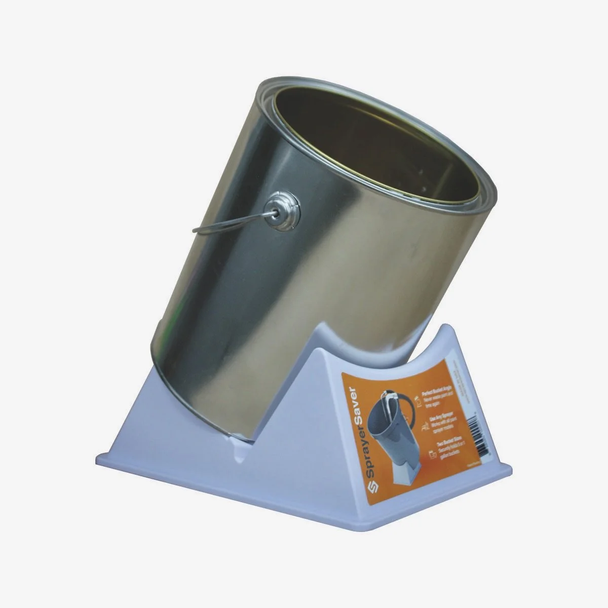 SprayerSaver supporting a metal 1 gallon paint can at an angle, with the orange front label visible.
