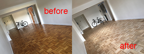 Here, you can see the before and after photos of the the sanded floors. I started sanding the floors myself and violated a co-op rule; I cannot do constructions on the weekend (i.e. sanding floors). The Property Manager shut down my power because with all the noise from sanding, I could not hear him ringing the doorbell a thousand times! That was actually a great excuse for me to hire someone or a team to sand my floors! I was super exhausted and that afternoon, I called a flooring company and scheduled for the team to come in to sand my floors. They did that in 6 hours and it looks GREAT! I'm so happy! So the follow on story, that Tuesday, when the flooring team was doing their thing, I had everything in my kitchen! Yes, I had my bike, my air bed, my work chair and my laptop working in the kitchen. What an interesting experience. I actually took some work calls out in the hallway, I was still able to use my wifi from the hallway. It was kinda like being in college. The good thing was that I met some of my neighbors as they went on their way. Not a bad strategy to meet your neighbors I guess.
