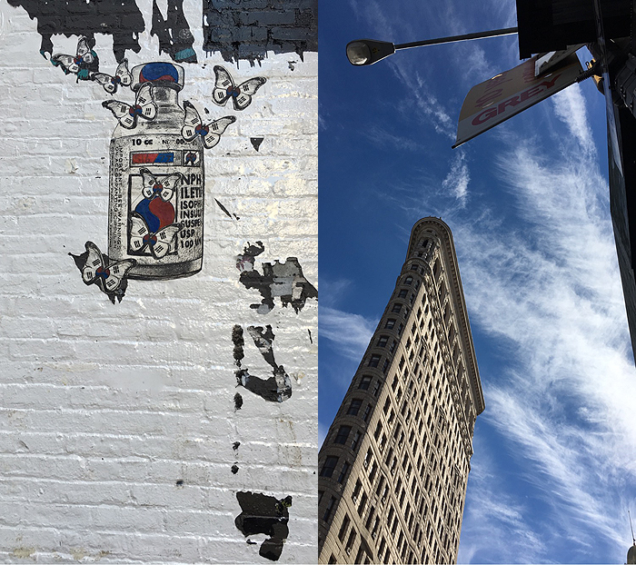 Here's a fun photo, on the left, you have a random street art piece. It references the Korean flag, but I don't think this was near K-Town (Korea Town). On the right, you have the Flat Iron building. It does look pretty flat and I can see the iron feel. :)
