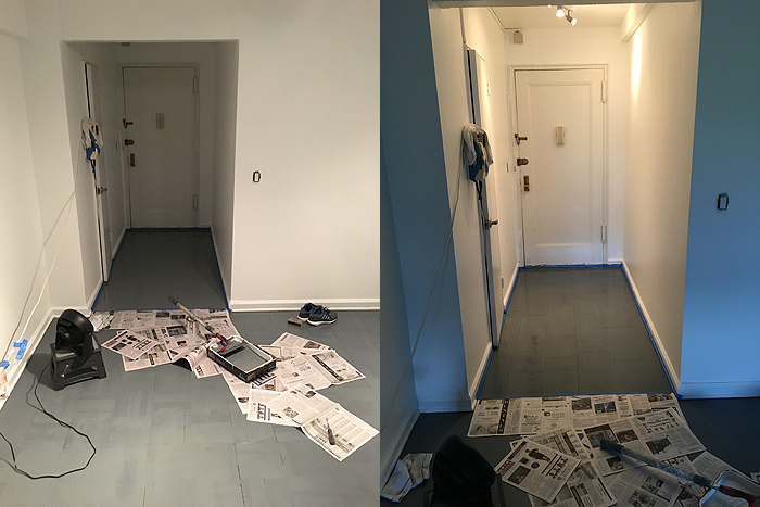 Ok, so this morning, I put on the final touches to the floor. On the right, I just finished coating the floor with varnish, you can see it's still wet; I took that shot just after laying it down. On the right is a shot from the night before, I put on the grey stain. As you can see, that's my front door, which means I was stuck in my place! It was like I'm in jail! Just kidding. I purposefully stained it last night, so it can be all dried when I wake up. And first thing in the morning, I wanted to varnish it so that I can be dried before I leave for NYC! I woke up at 8:00 AM and varnished it, put a fan on it and it dried within an hour! I was planning for a 3 hour dry time, but after showering and prepping the laundry, I noticed that it was all dried! Thank god! I hate feeling like I'm stuck and cannot get out!