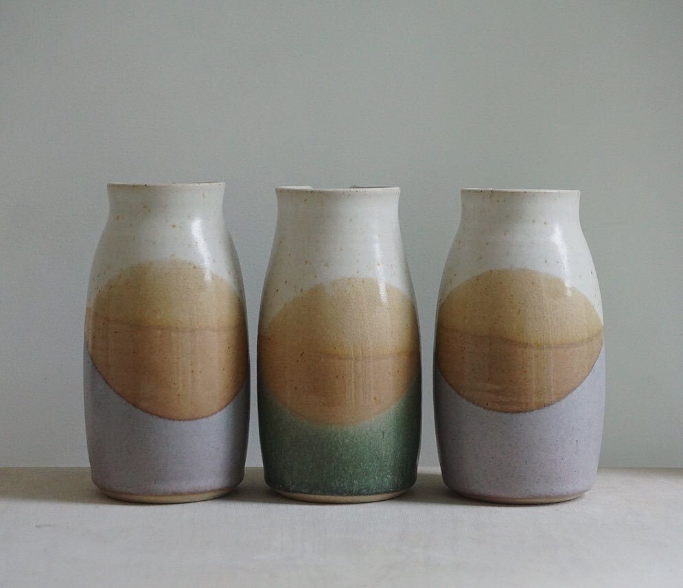 Three of four water jugs available to be yours tomorrow evening. 

Loving the shapes formed from the layered glazes, a part of the glazing pattern which definitely deserves more attention! 

Sign up to my mailing list (by tomorrow afternoon) to be no