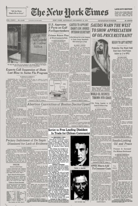 Front page of The New York Times, December 18, 1976
