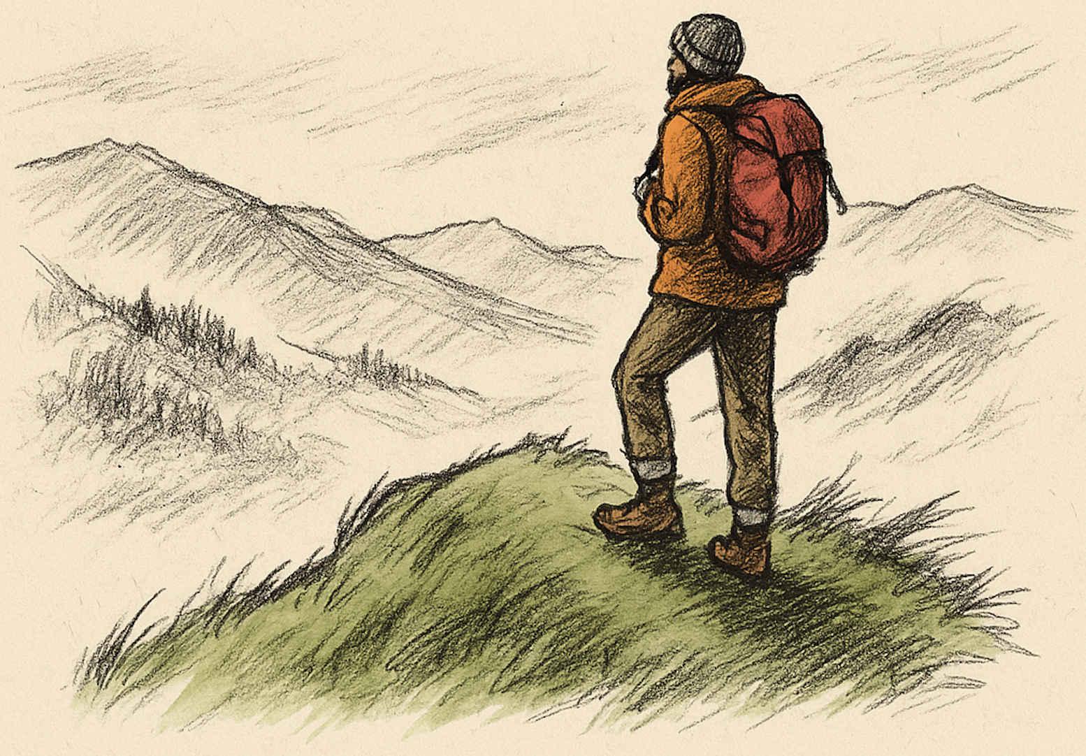 Illustration of a hiker looking out over mountains