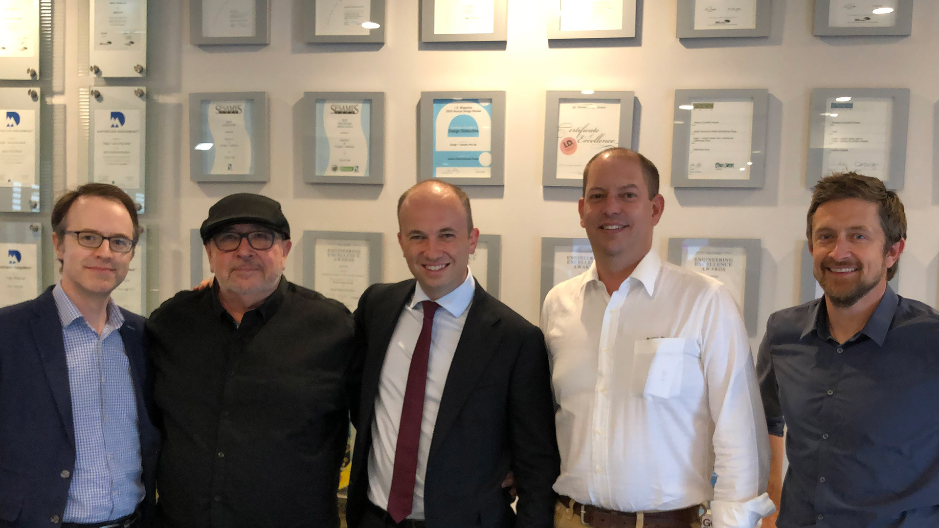  Minister Matt Kean (center) with (from left to right) Anthony Honeyfield, Murray Hunter (Founder of D+I), David Jones (Head of D+I) and Nathan Burke. 