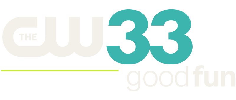 Logo for CW33 television station in Dallas, featuring the text 'The CW33 good fun' in black, white, blue, and gray colors.
