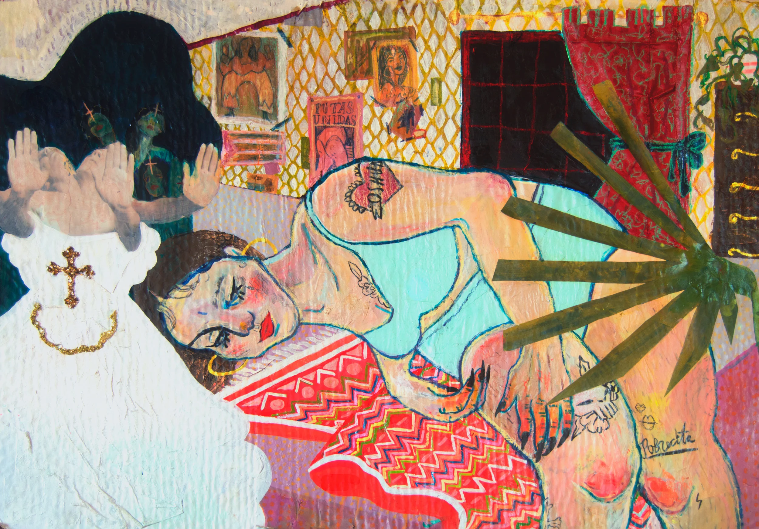 Acrylic, collage, wax pastel and mica on cardboard, 30 x 40 2018