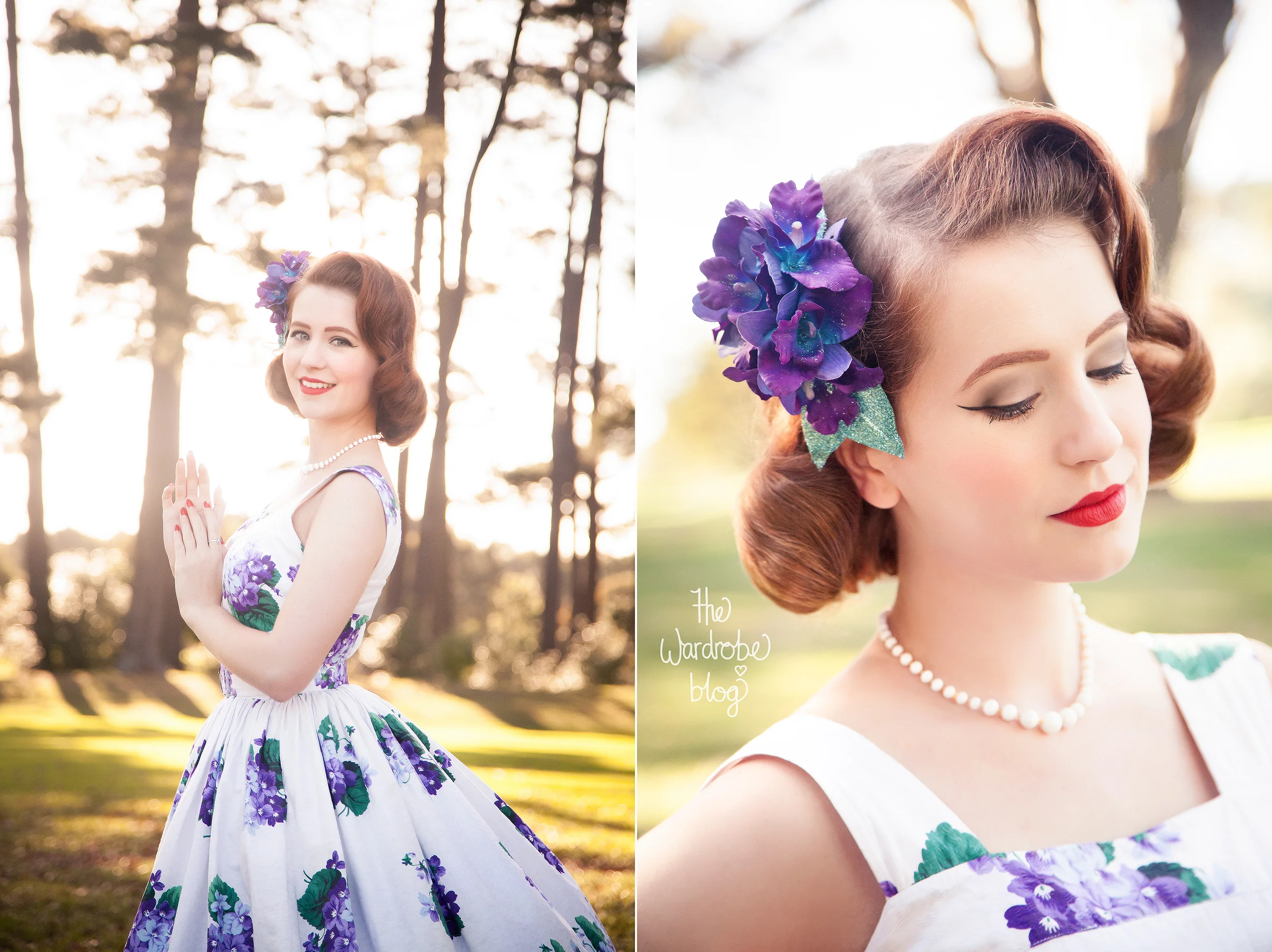 Miss Hero Holliday wears a vintage hydrangea dress + hair flower from  Shop the Wardrobe available on Etsy here.  Read more on her blog post  "Vintage Visions."&nbsp;