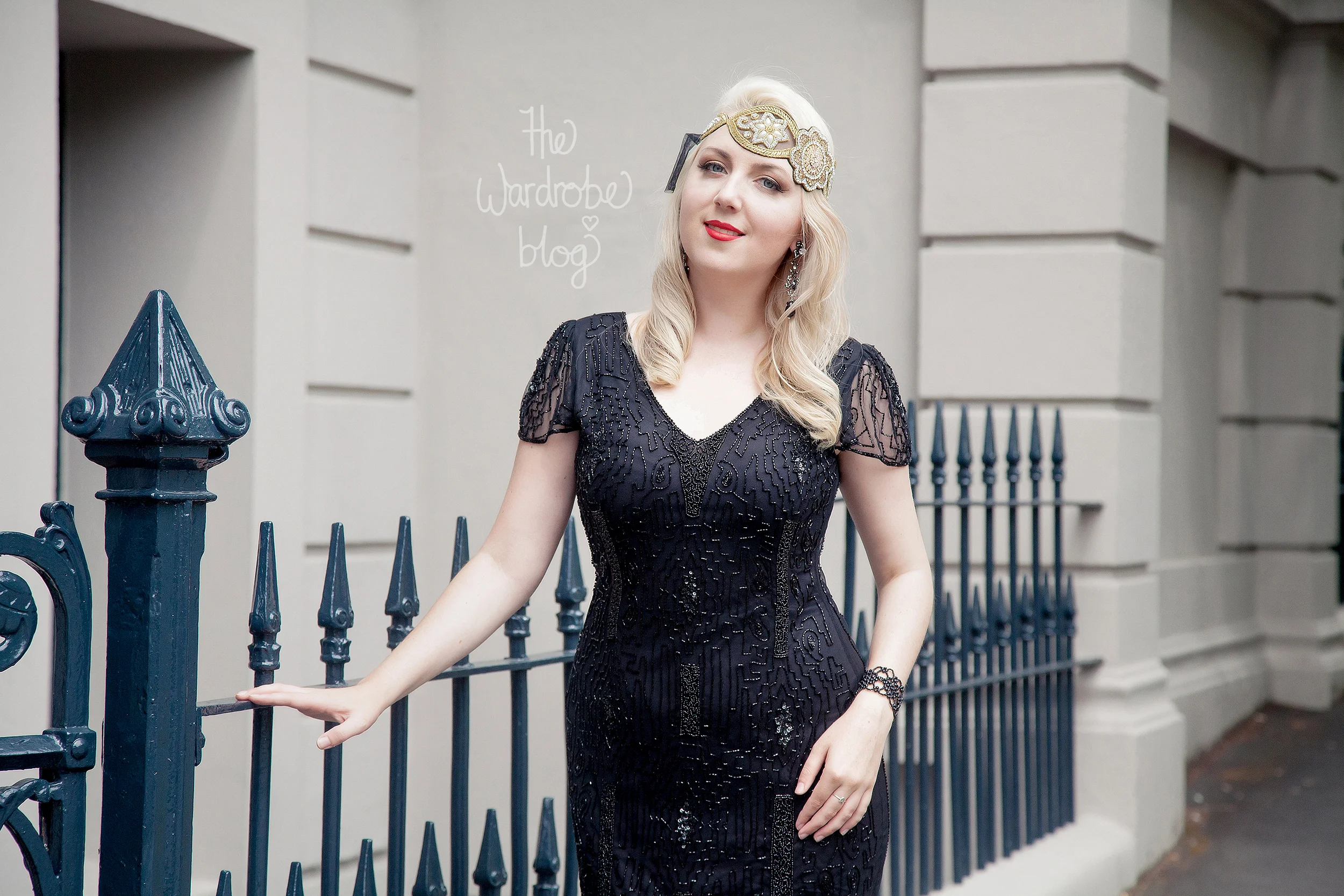 Downton Abbey Vintage Inspired Flapper Dress in Black, with the Amelia Vintage headband. Earrings + Bracelet from Lovisa .